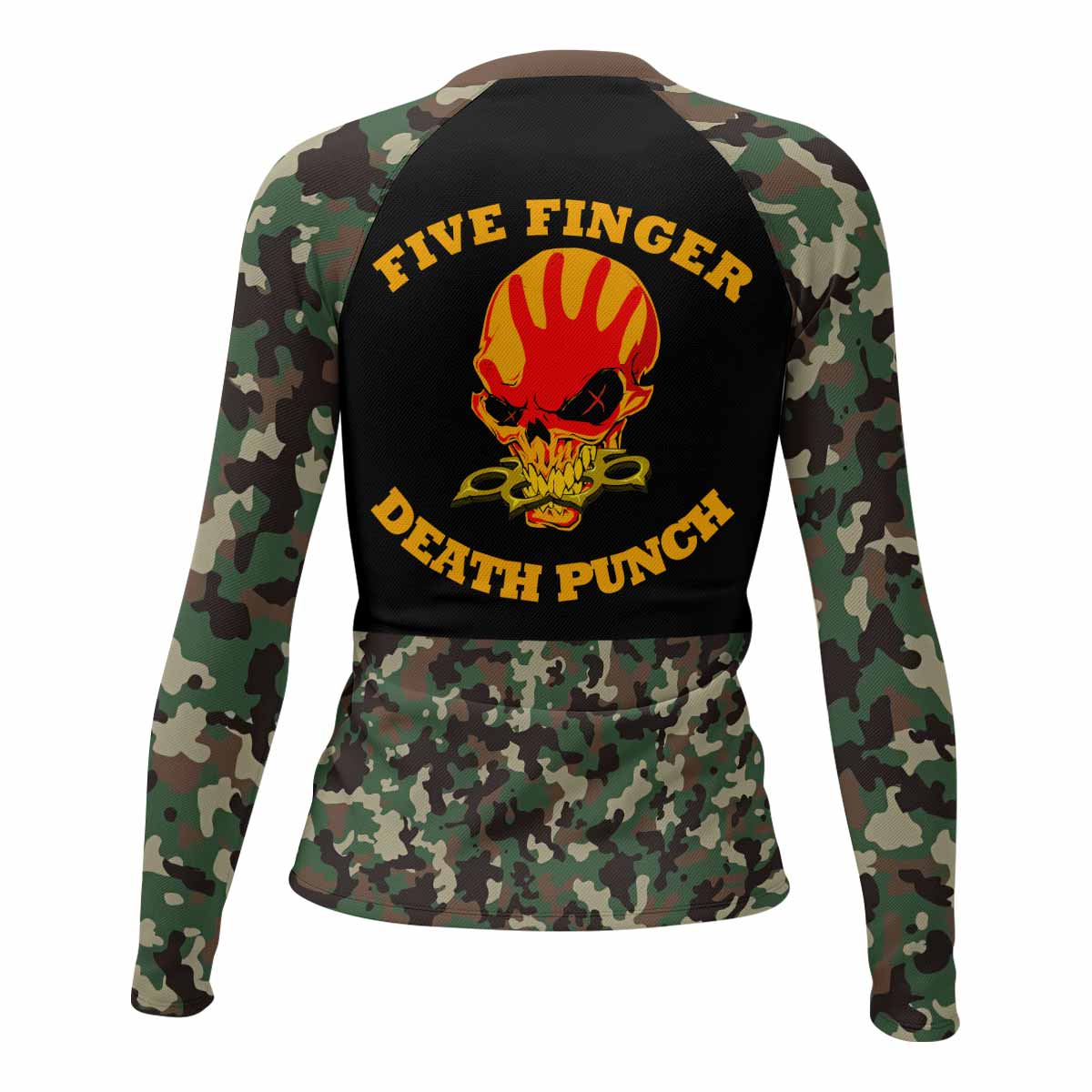 Five Finger Death Punch Camo Women's Rash Guard Long Sleeve - back view mockup