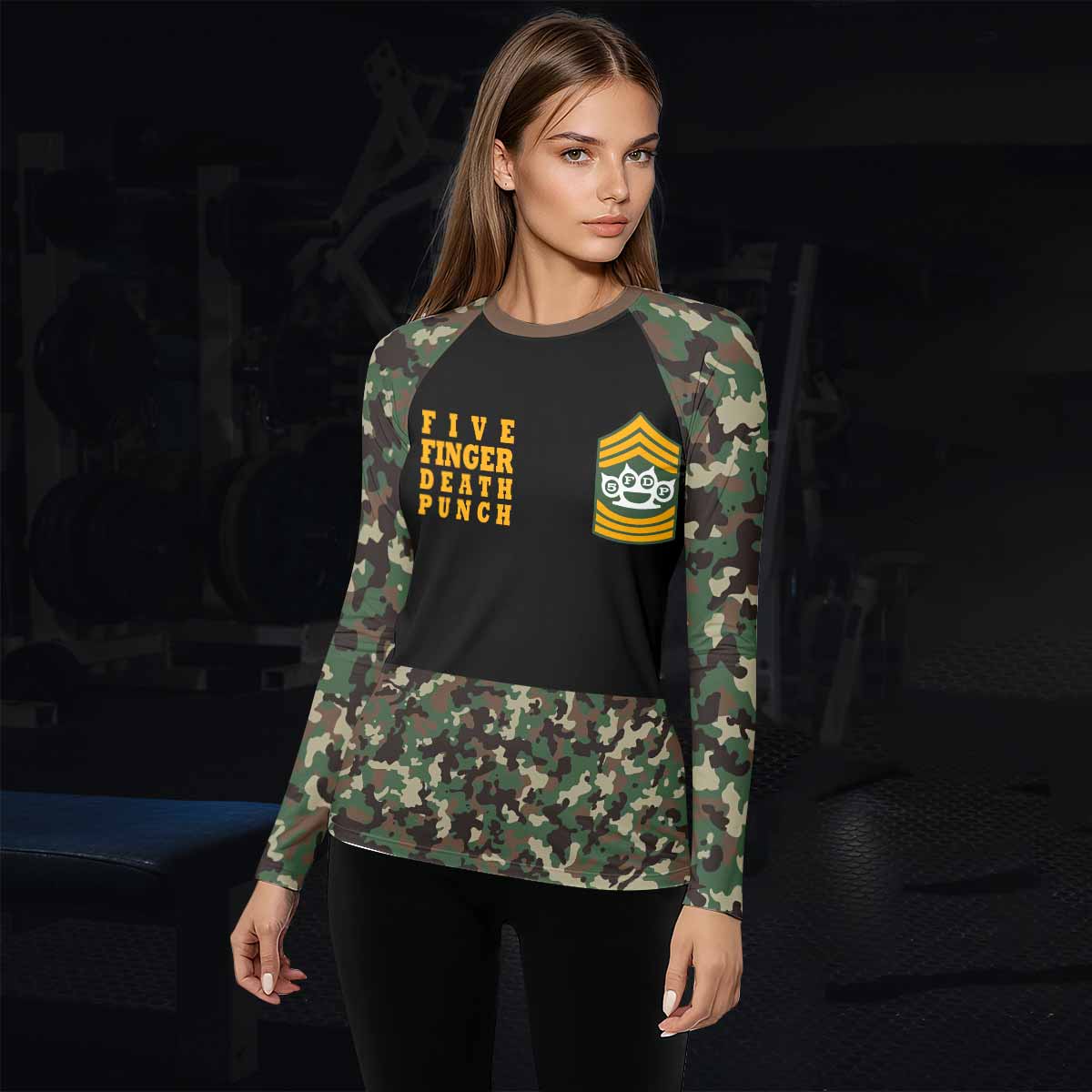Five Finger Death Punch Camo Women's Rash Guard Long Sleeve - lifestyle view