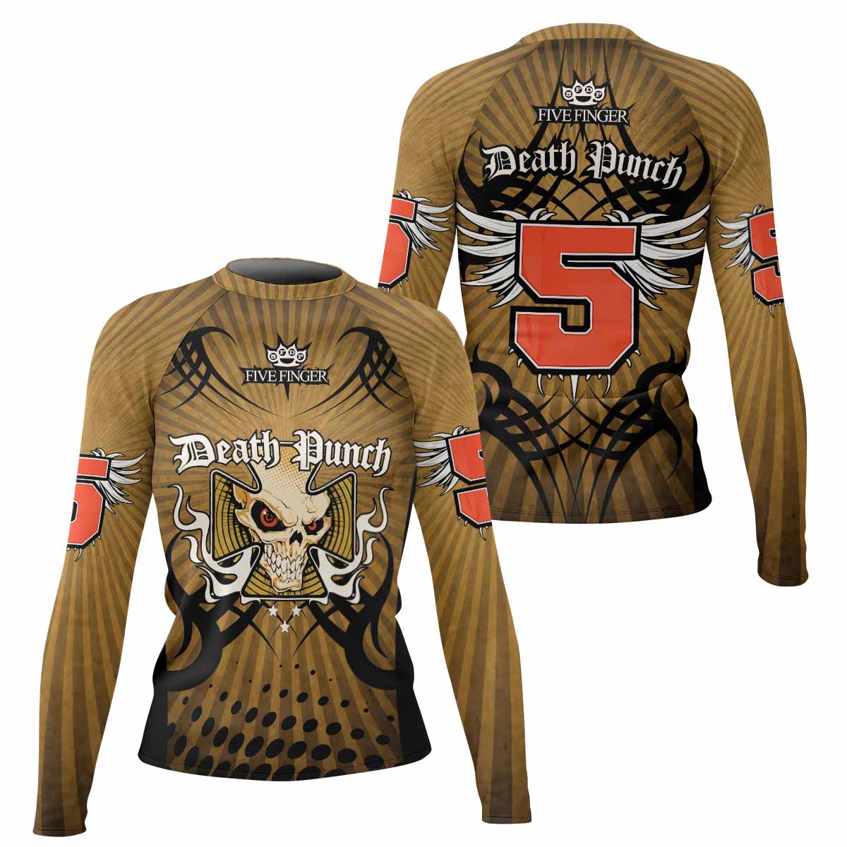 Five Finger Death Punch Gold V Women's Rash Guard Long Sleeve - front and back view