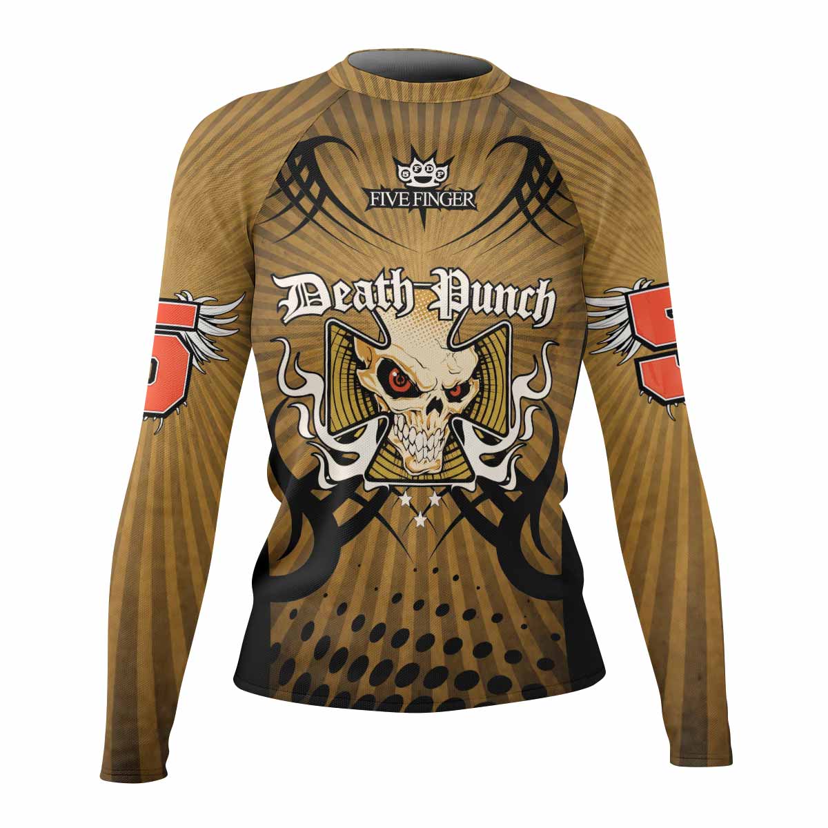 Five Finger Death Punch Gold V Women's Rash Guard Long Sleeve - front view mockup