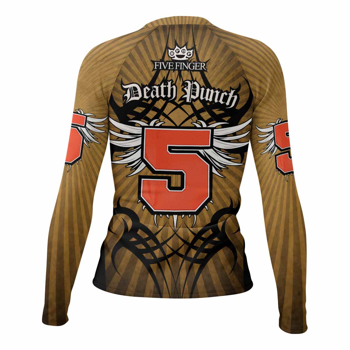 Five Finger Death Punch Gold V Women's Rash Guard Long Sleeve - back view mockup