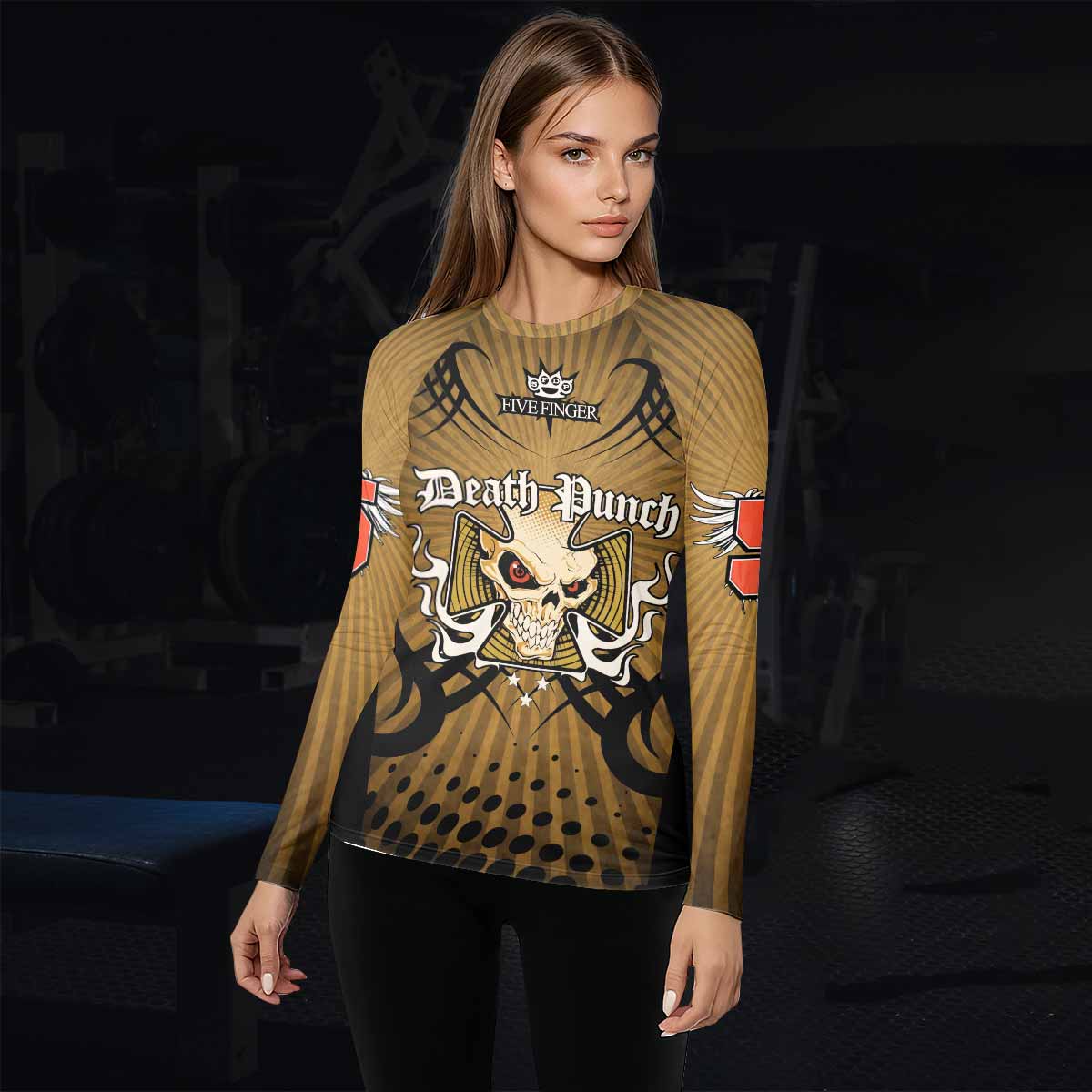 Five Finger Death Punch Gold V Women's Rash Guard Long Sleeve - lifestyle view