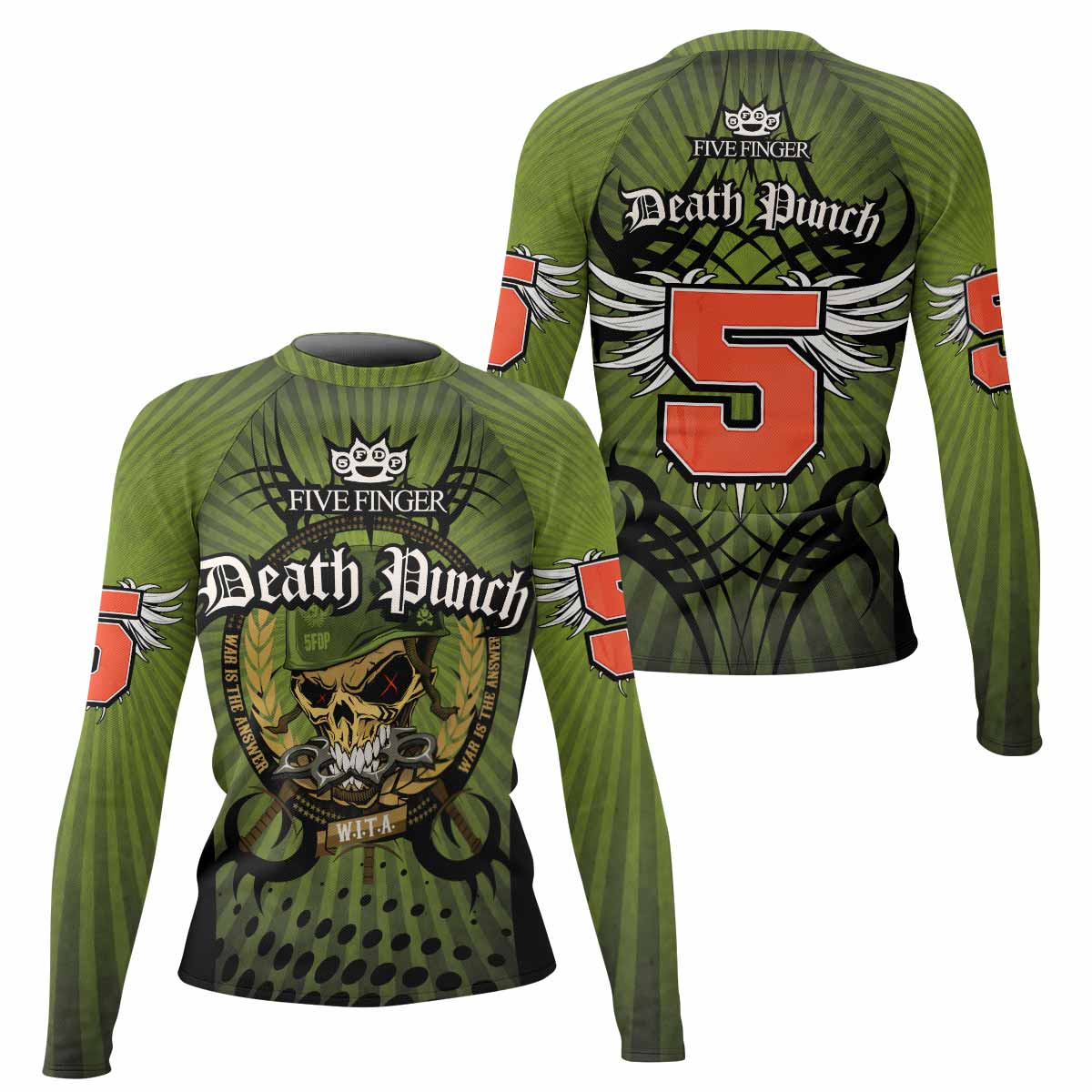 Five Finger Death Punch Green V Women's Rash Guard Long Sleeve - front and back view