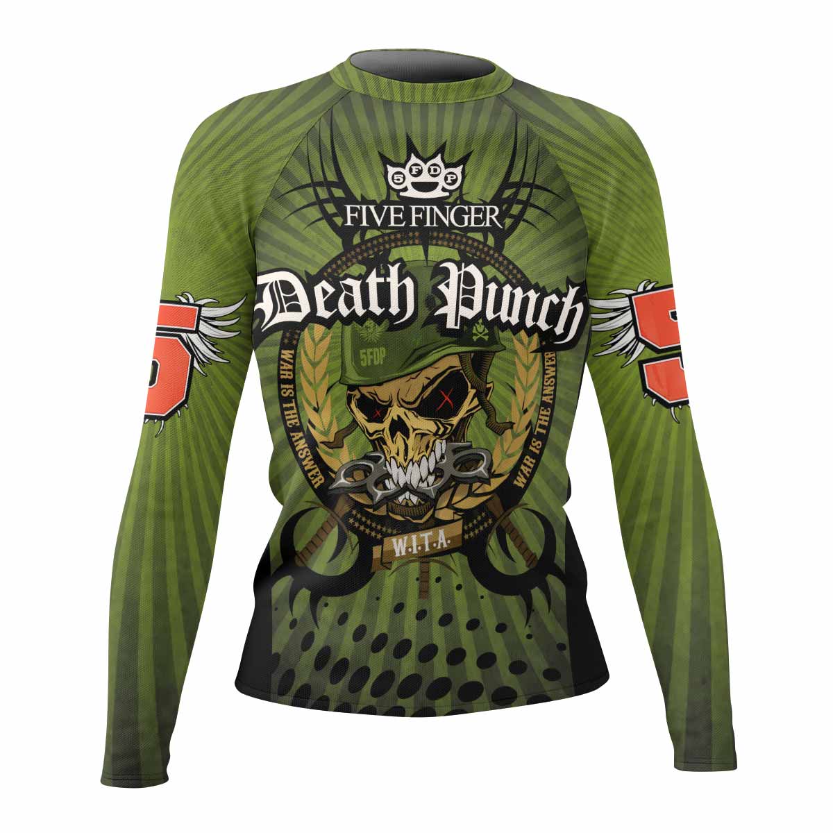 Five Finger Death Punch Green V Women's Rash Guard Long Sleeve - front view mockup