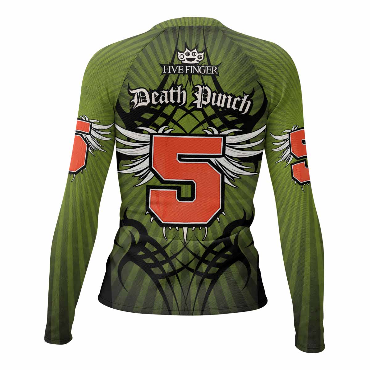 Five Finger Death Punch Green V Women's Rash Guard Long Sleeve - back view mockup
