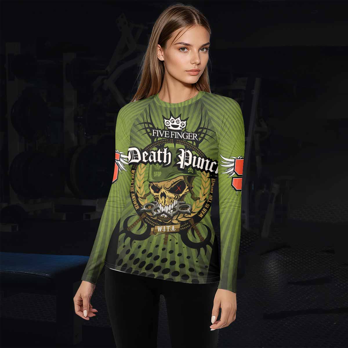 Five Finger Death Punch Green V Women's Rash Guard Long Sleeve - lifestyle view