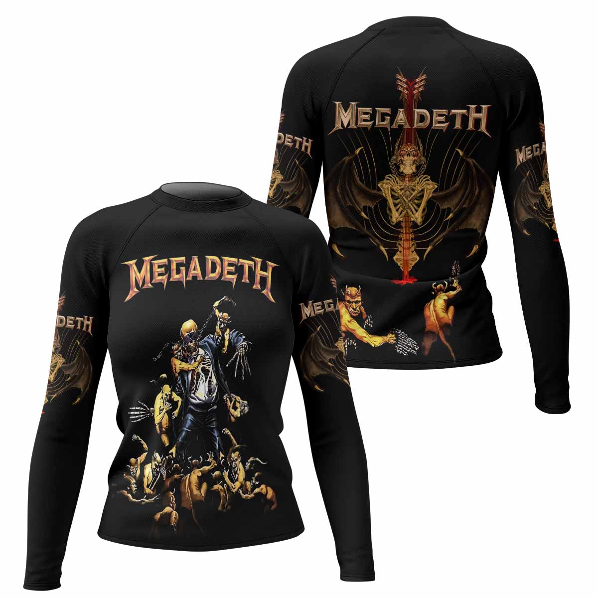 Megadeth Holy Wars 991 Wild Oats Women's Rash Guard Long Sleeve - front and back view