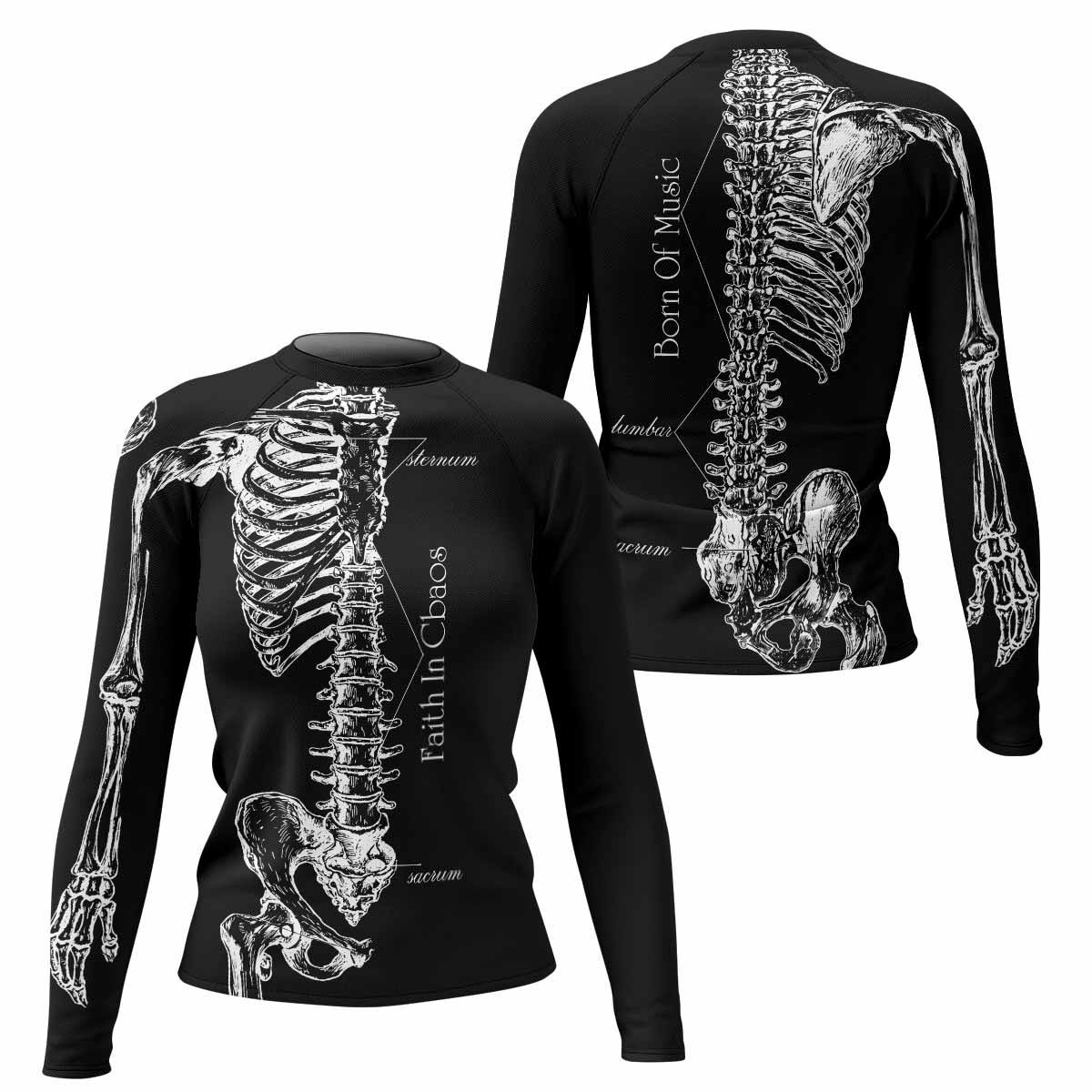 Faith In Chaos Skeleton Women's Rash Guard Long Sleeve - front and back view
