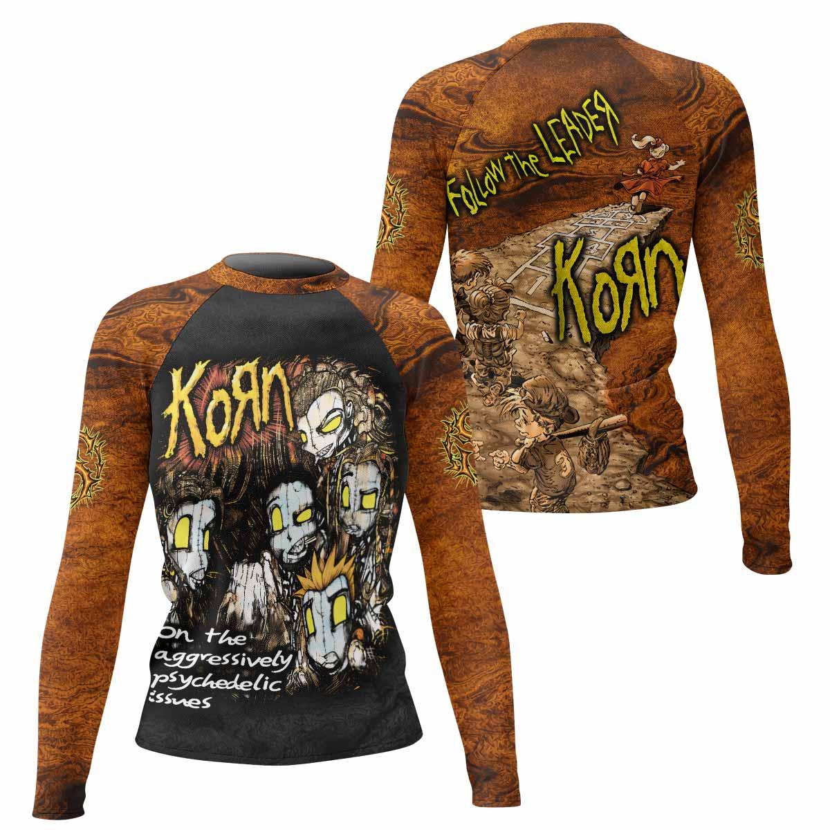 Follow the Leader Korn Women's Rash Guard Long Sleeve - front and back view
