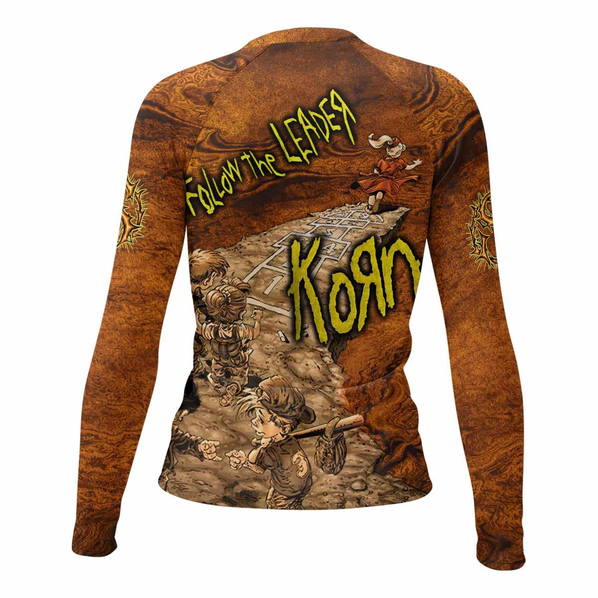 Follow the Leader Korn Women's Rash Guard Long Sleeve - back view mockup