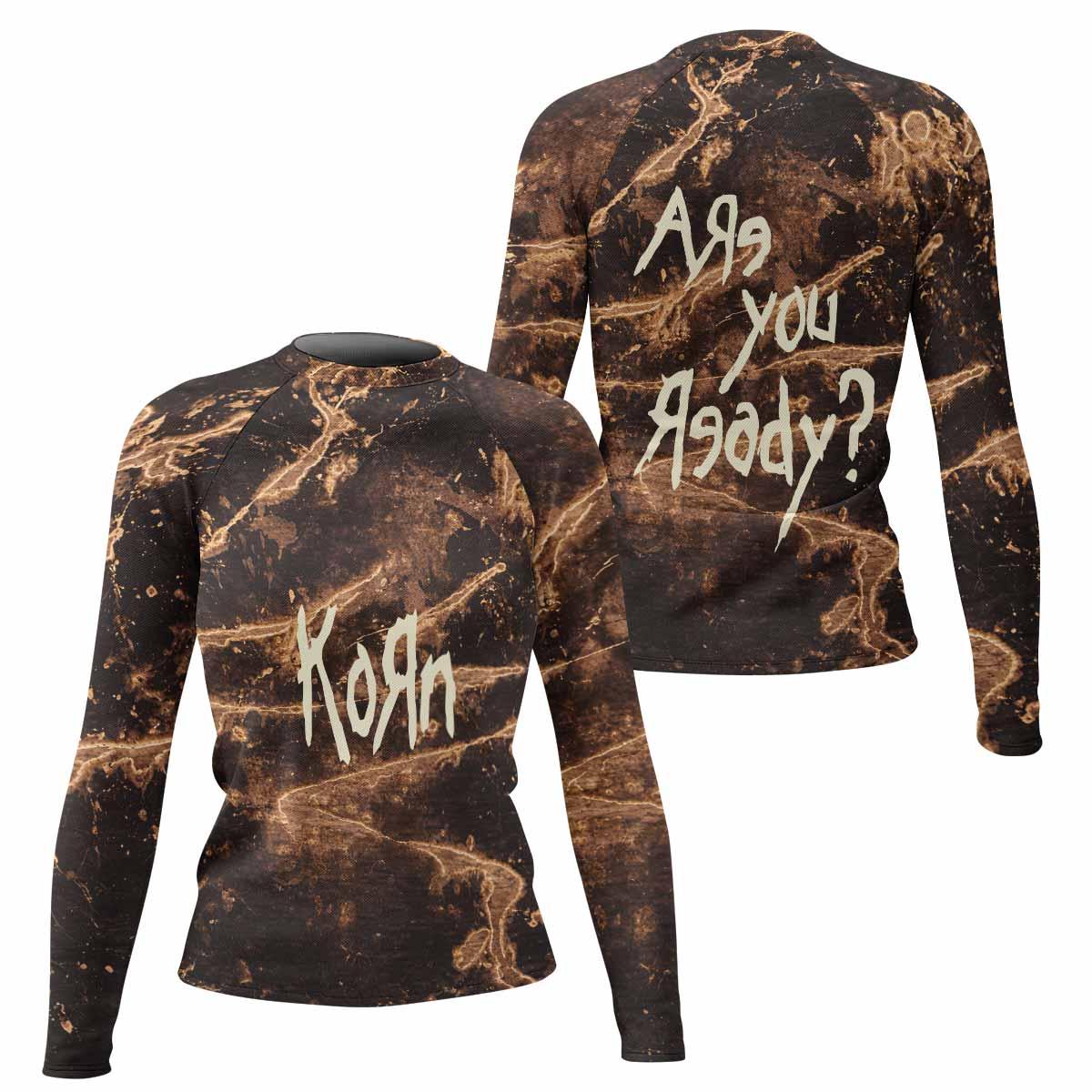 Are You Ready Korn Women's Rash Guard Long Sleeve - front and back view