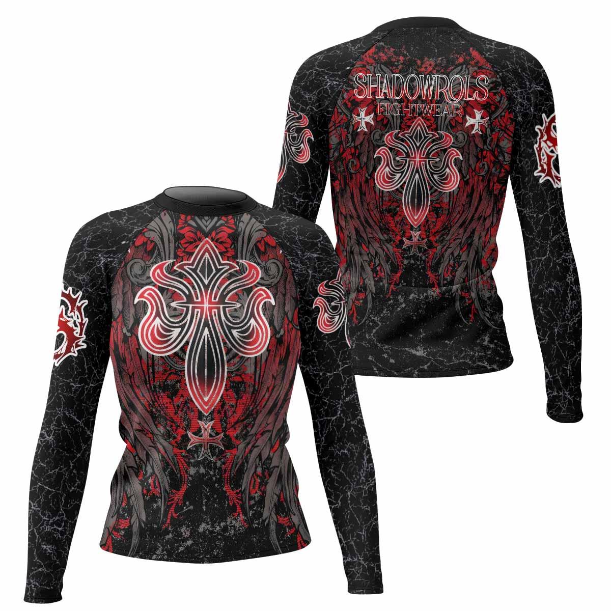 Crimson Faith Cross Women's Rash Guard Long Sleeve - front and back view