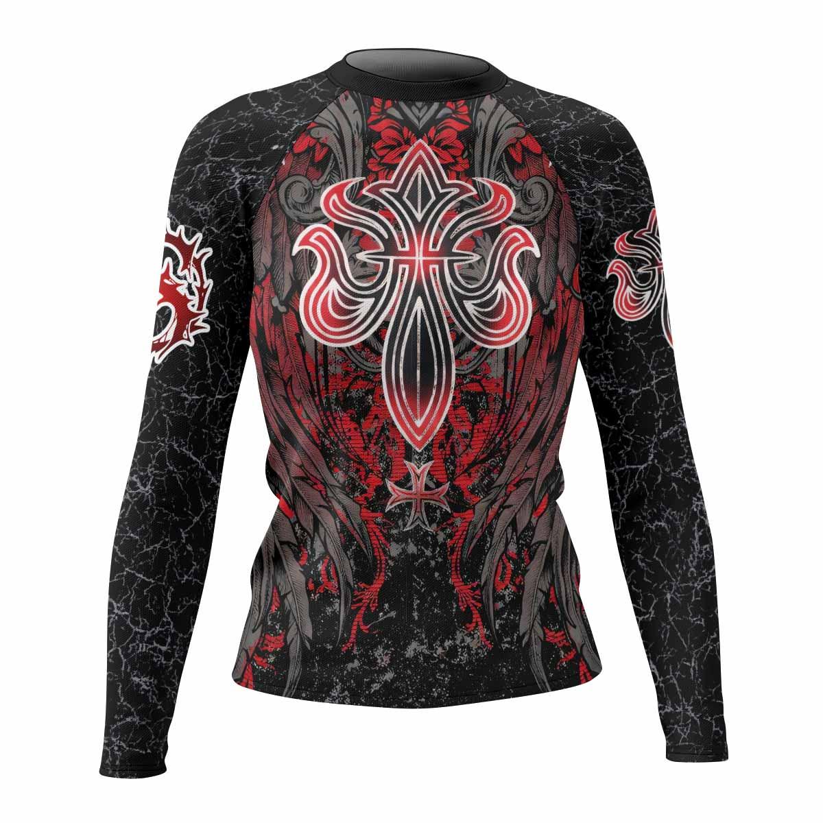 Crimson Faith Cross Women's Rash Guard Long Sleeve - front view mockup