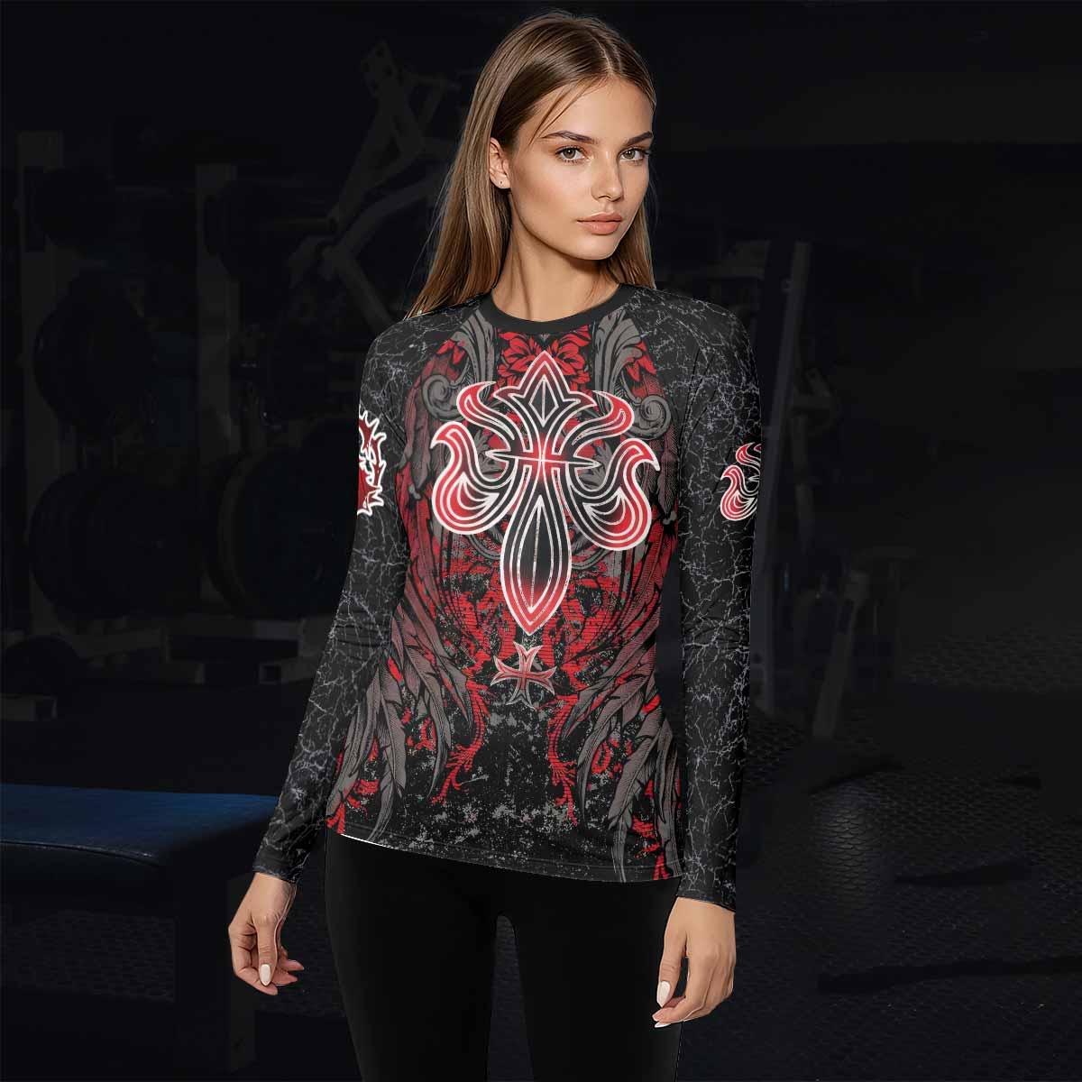 Crimson Faith Cross Women's Rash Guard Long Sleeve - lifestyle view