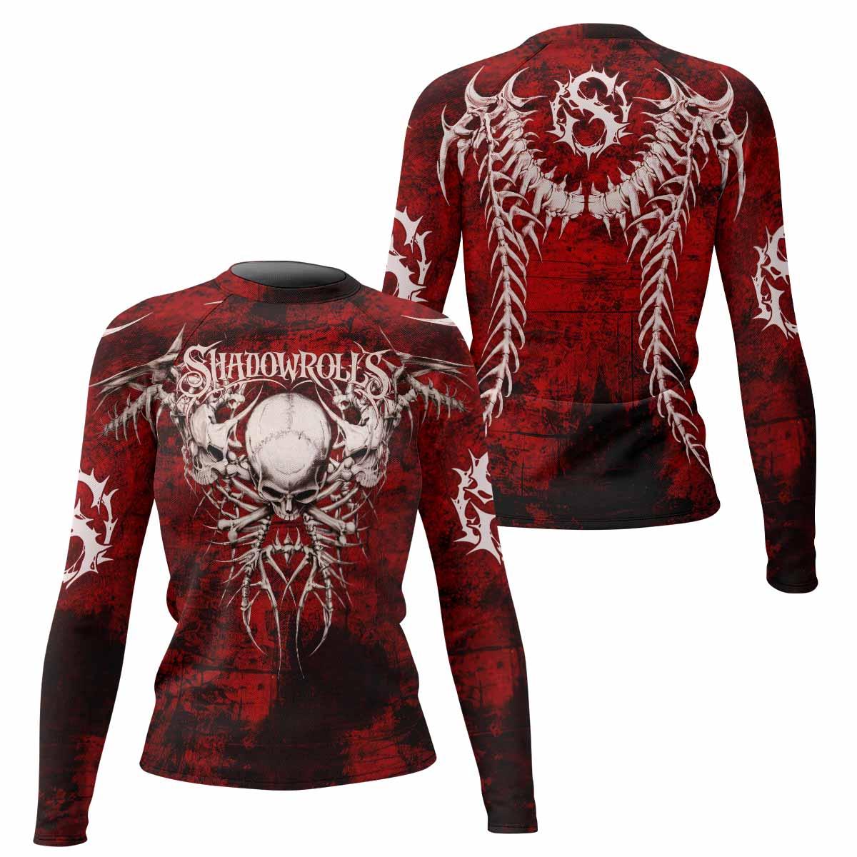 Blood Spine Skull Women's Rash Guard Long Sleeve - front and back view