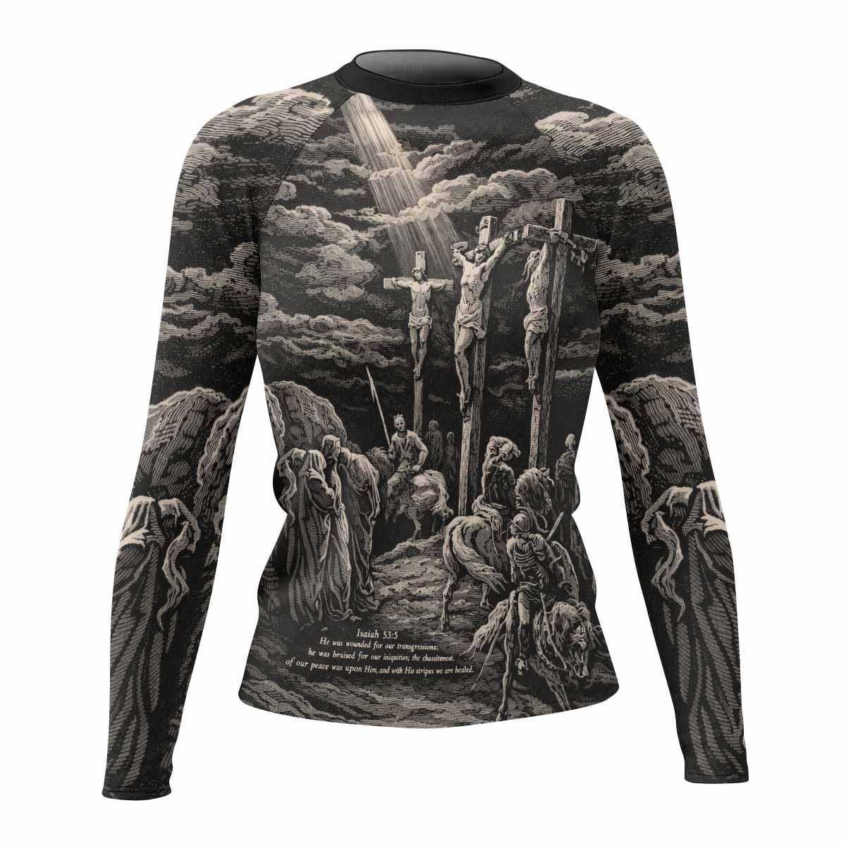 By His Stripes We Are Healed Women's Rash Guard Long Sleeve - front view mockup