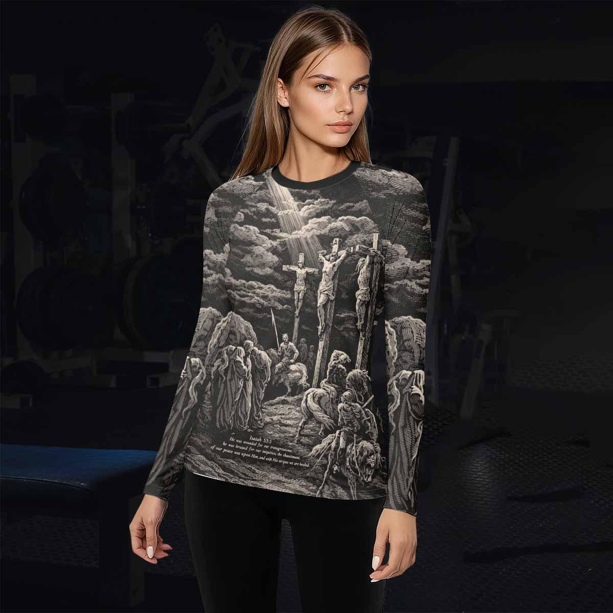 By His Stripes We Are Healed Women's Rash Guard Long Sleeve - lifestyle view
