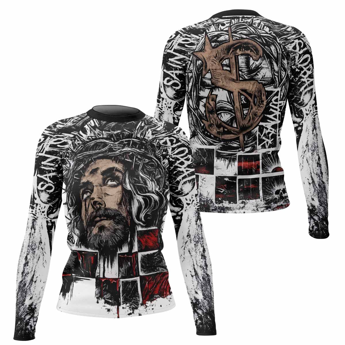 Man of Sorrows Women's Rash Guard Long Sleeve - front and back view