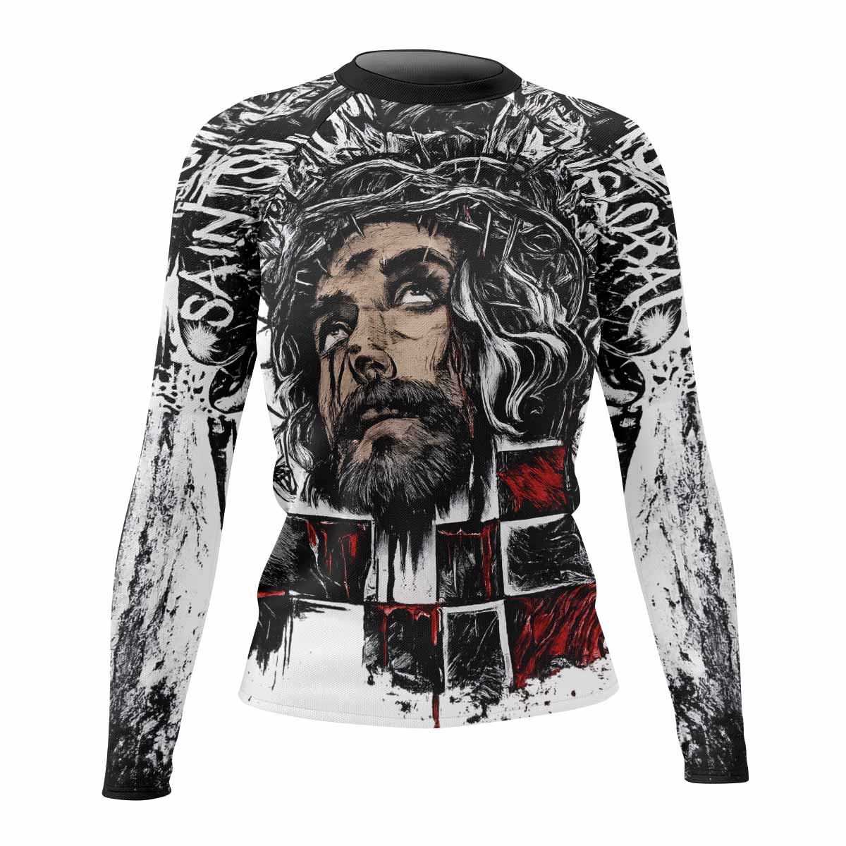 Man of Sorrows Women's Rash Guard Long Sleeve - front view mockup