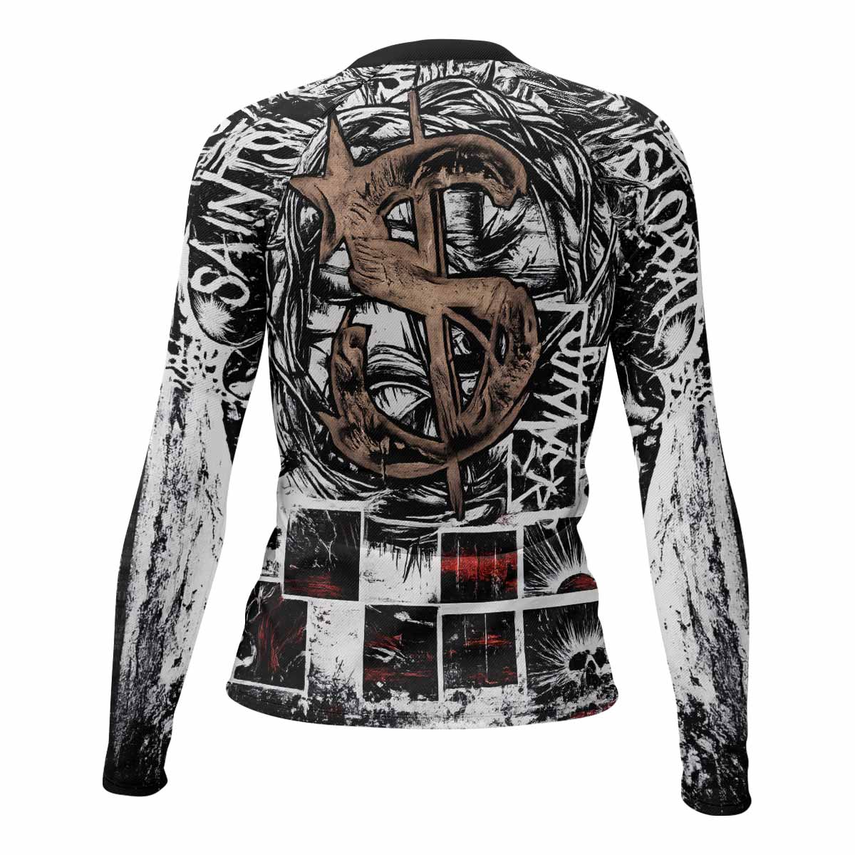 Man of Sorrows Women's Rash Guard Long Sleeve - back view mockup