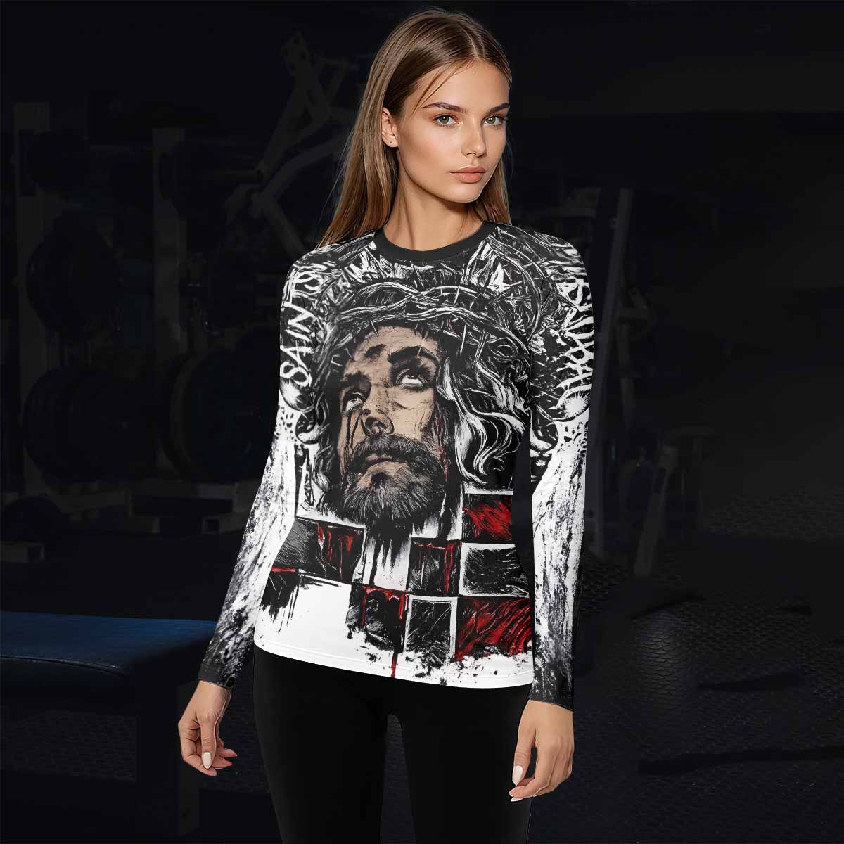 Man of Sorrows Women's Rash Guard Long Sleeve - lifestyle view