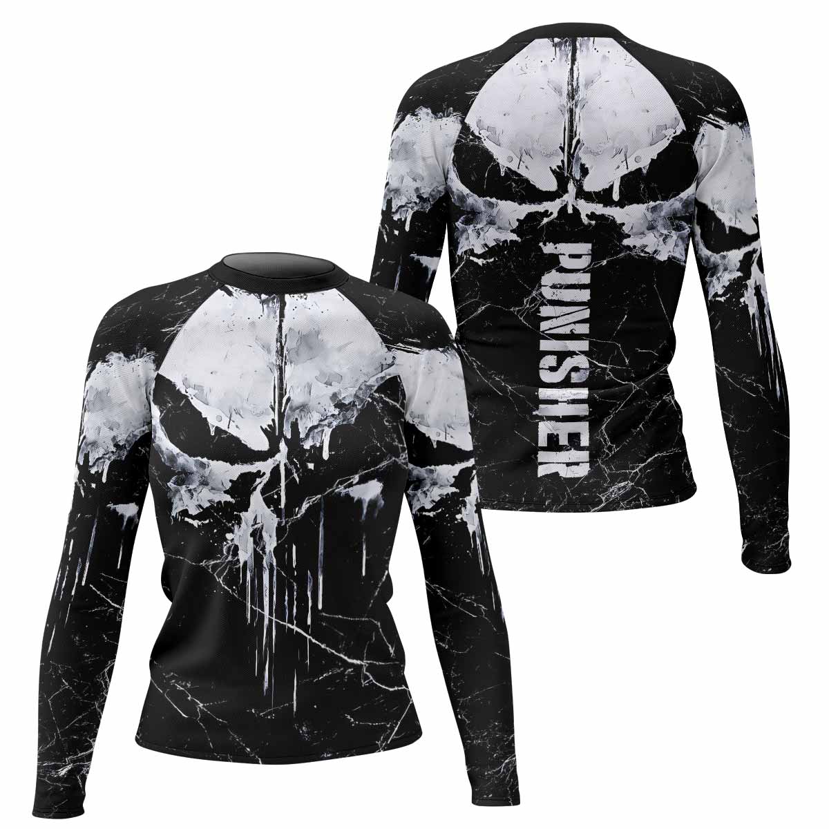 Punisher War Skull Women's Rash Guard Long Sleeve - front and back view