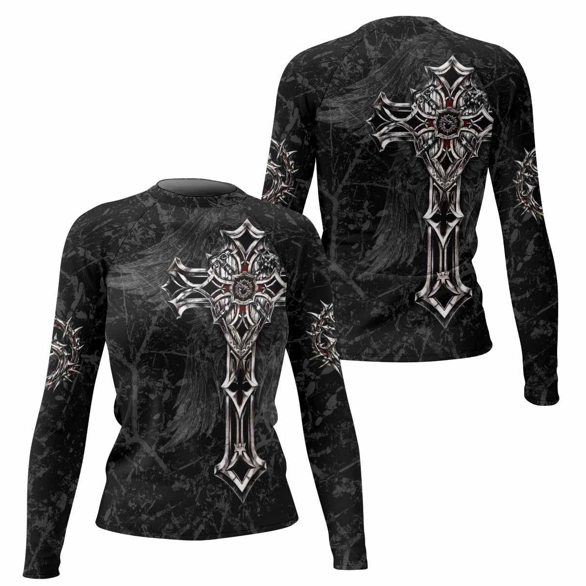 Crown of Thorns Cross Women's Rash Guard Long Sleeve - front and back view