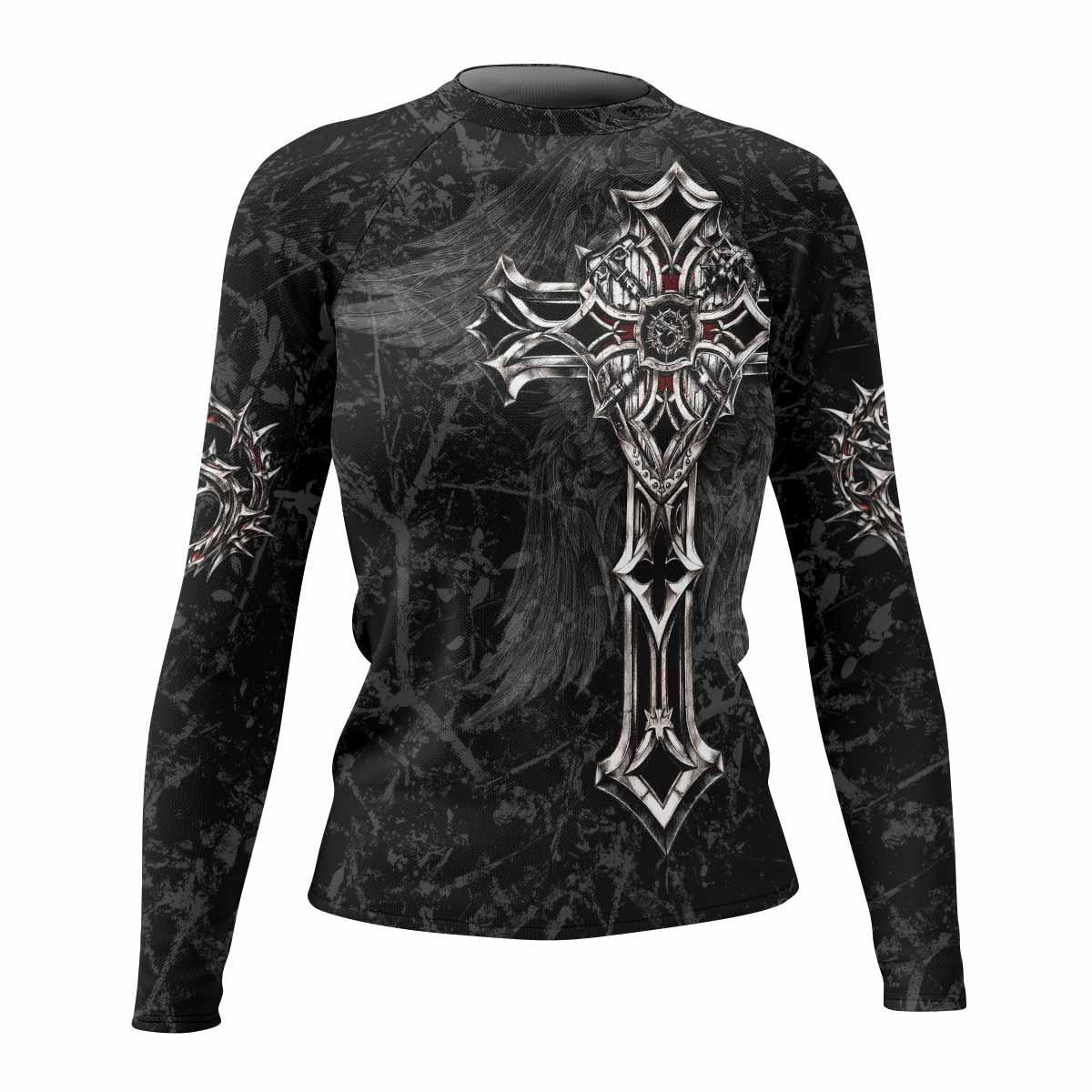 Crown of Thorns Cross Women's Rash Guard Long Sleeve - front view mockup