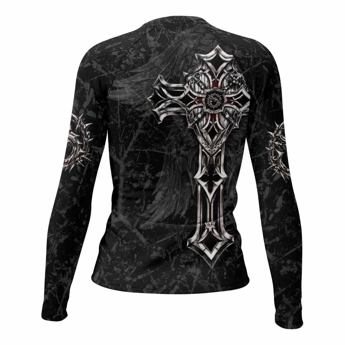 Crown of Thorns Cross Women's Rash Guard Long Sleeve - back view mockup