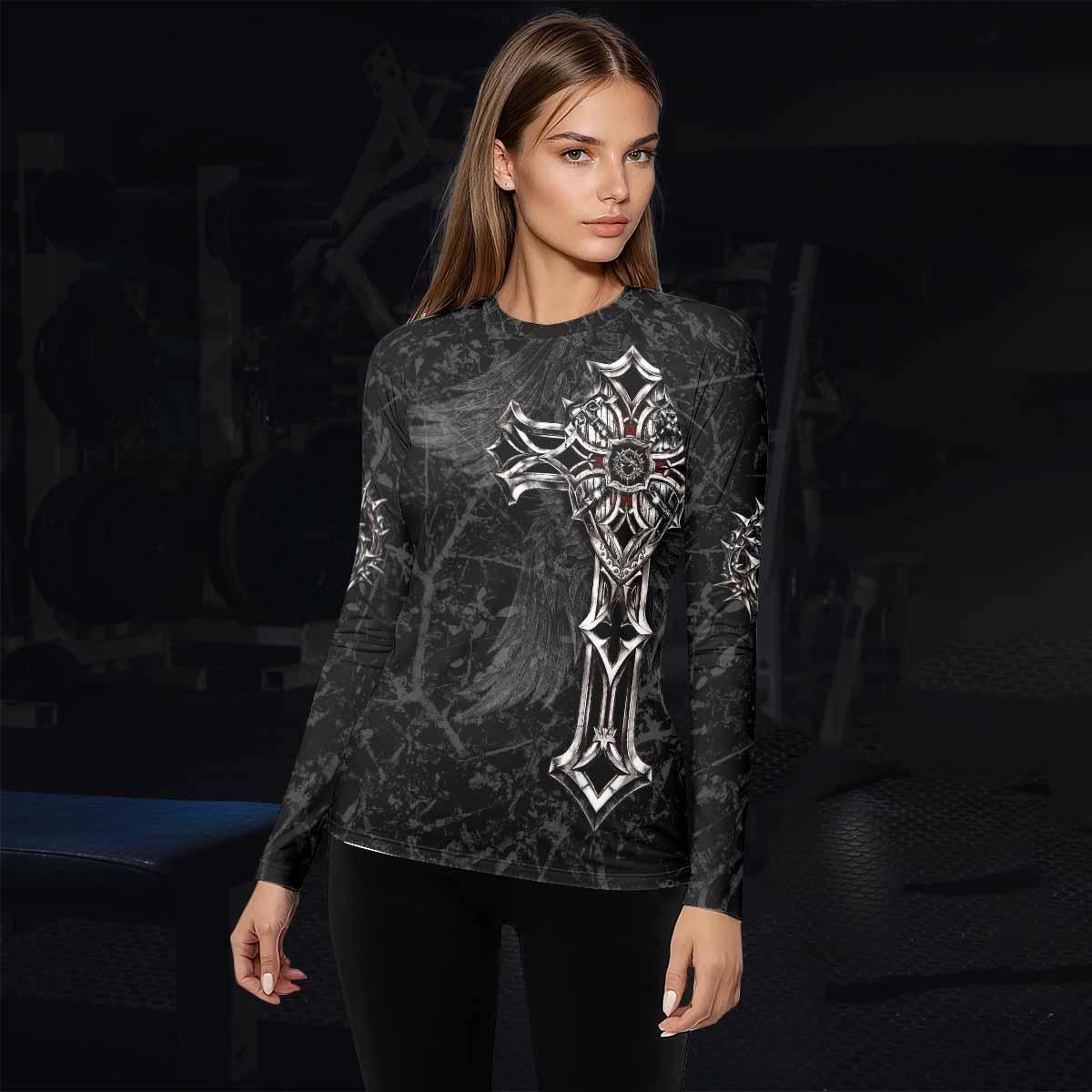 Crown of Thorns Cross Women's Rash Guard Long Sleeve - lifestyle view