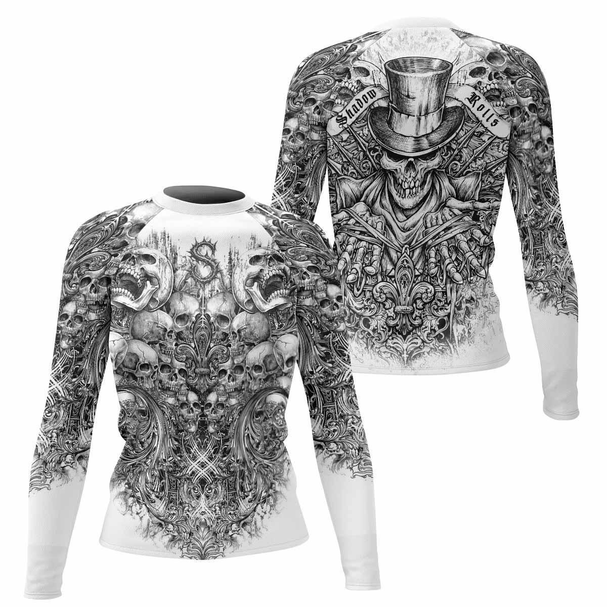 Memento Mori Skull Women's Rash Guard Long Sleeve - front and back view