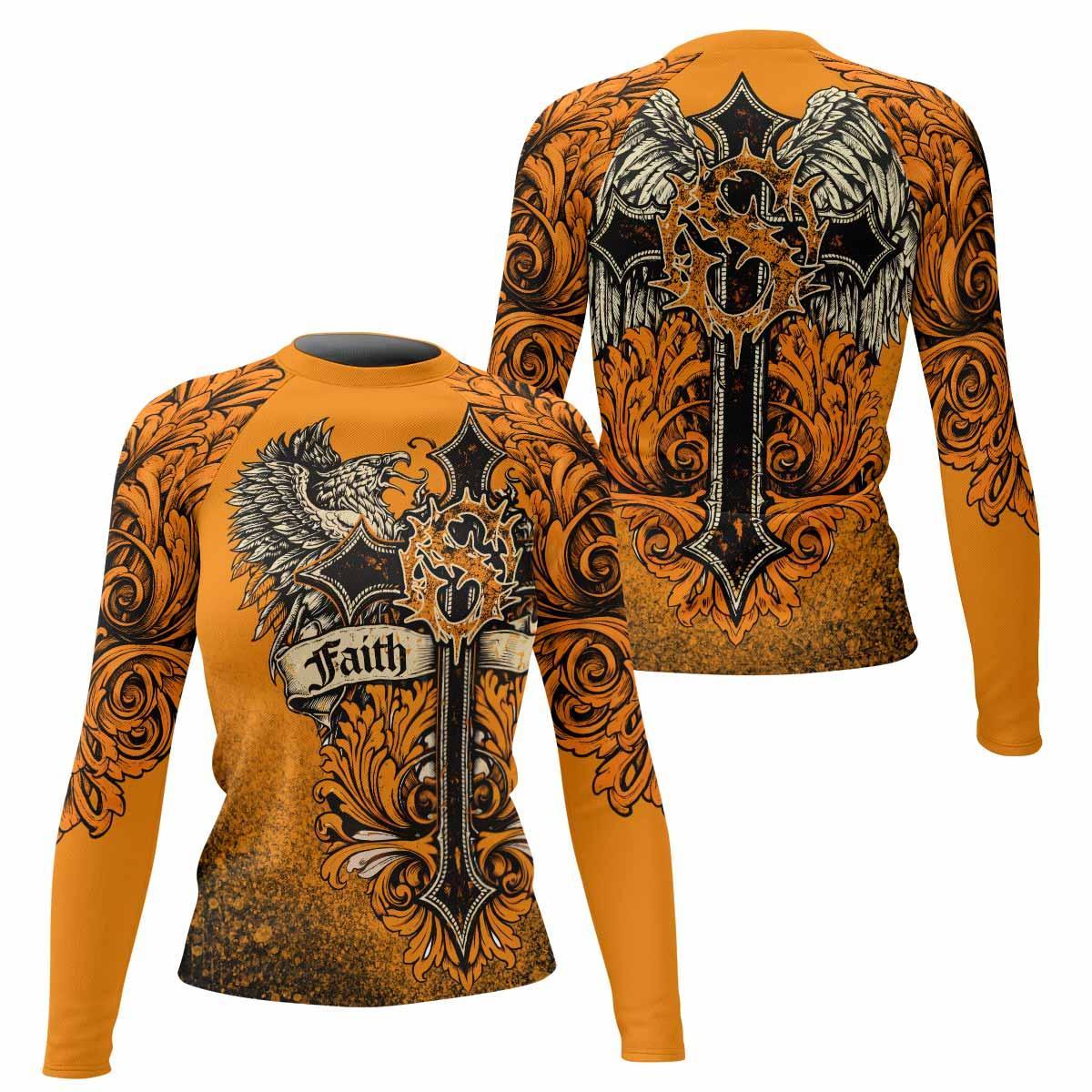 Faith Over Fear Crown Cross Women's Rash Guard Long Sleeve - front and back view