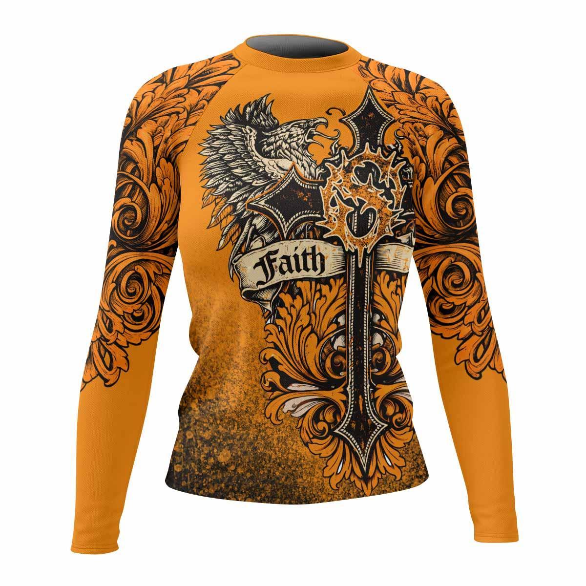 Faith Over Fear Crown Cross Women's Rash Guard Long Sleeve - front view mockup