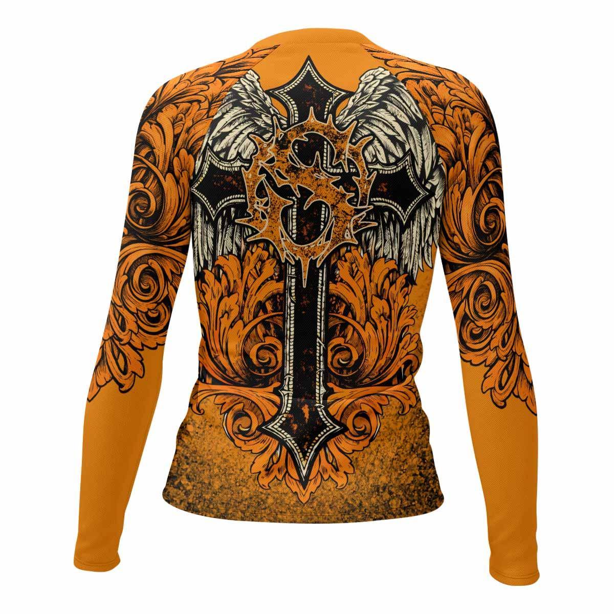 Faith Over Fear Crown Cross Women's Rash Guard Long Sleeve - back view mockup