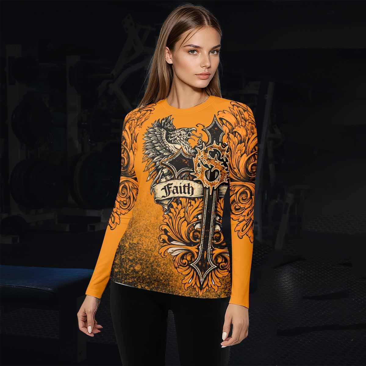 Faith Over Fear Crown Cross Women's Rash Guard Long Sleeve - lifestyle view