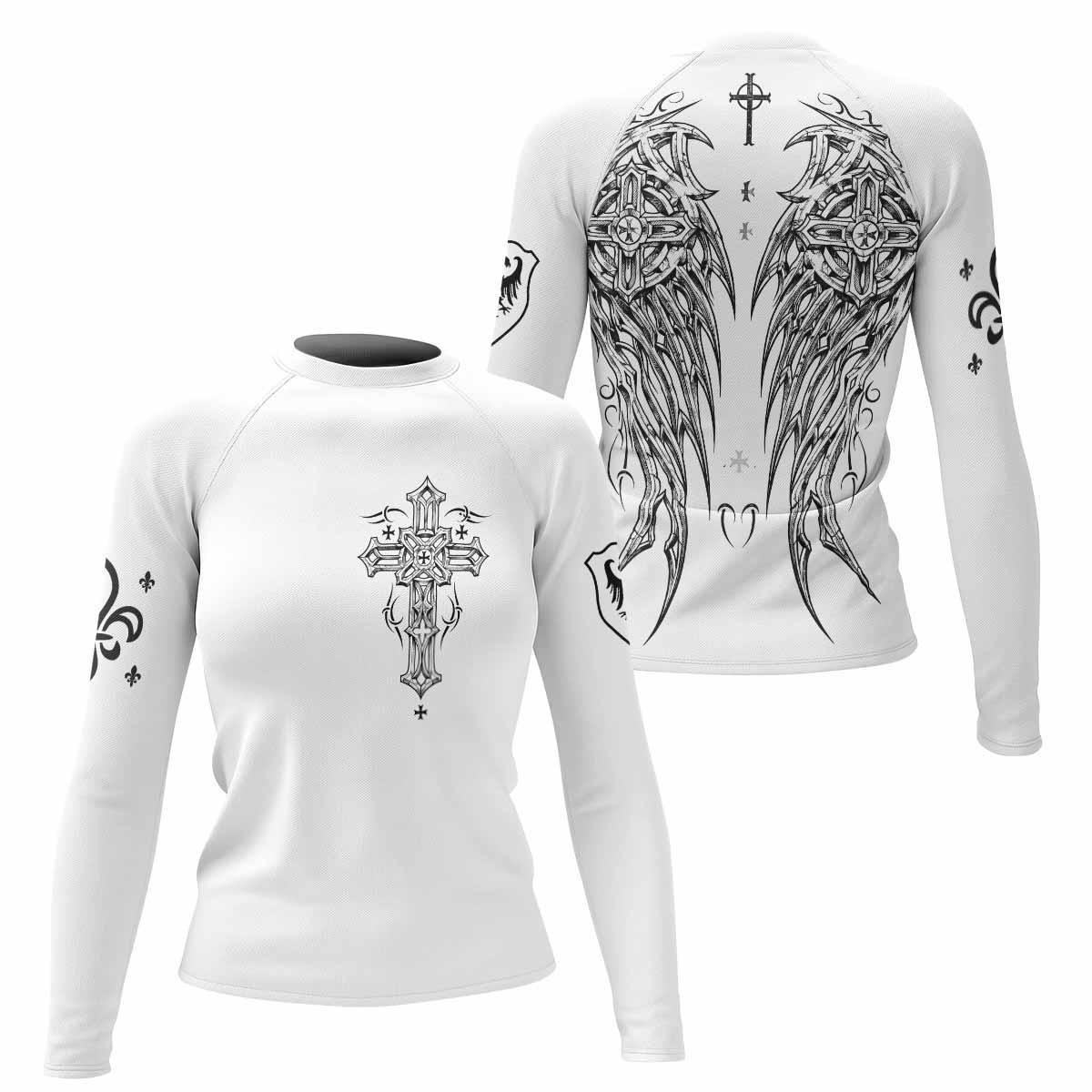 Angel Wings Cross Women's Rash Guard Long Sleeve - front and back view