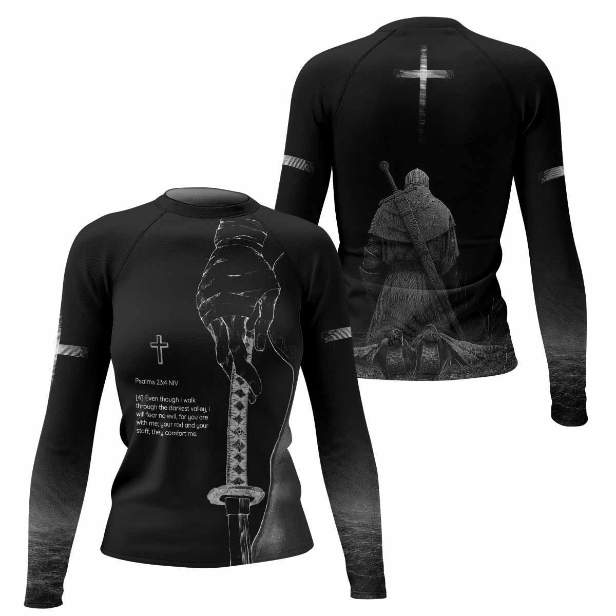 Psalms 23:4 NIV Women's Rash Guard Long Sleeve - front and back view