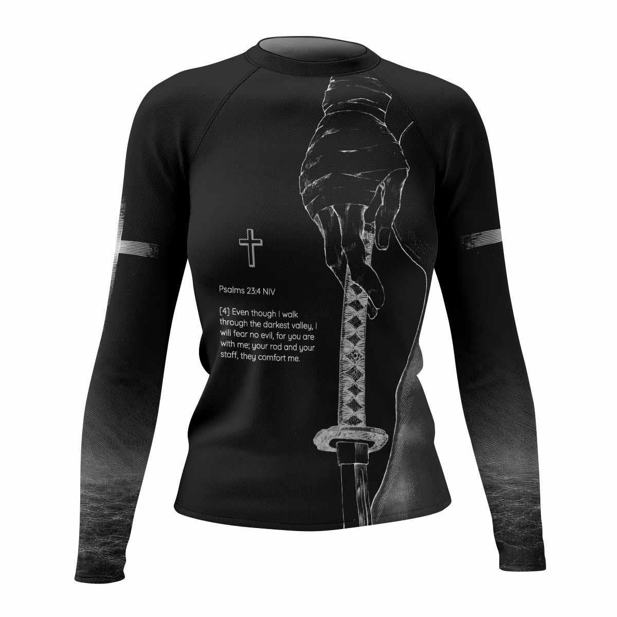 Psalms 23:4 NIV Women's Rash Guard Long Sleeve - front view mockup