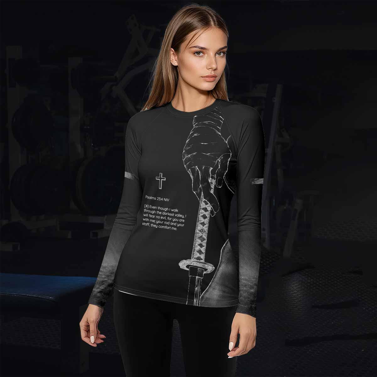 Psalms 23:4 NIV Women's Rash Guard Long Sleeve - lifestyle view