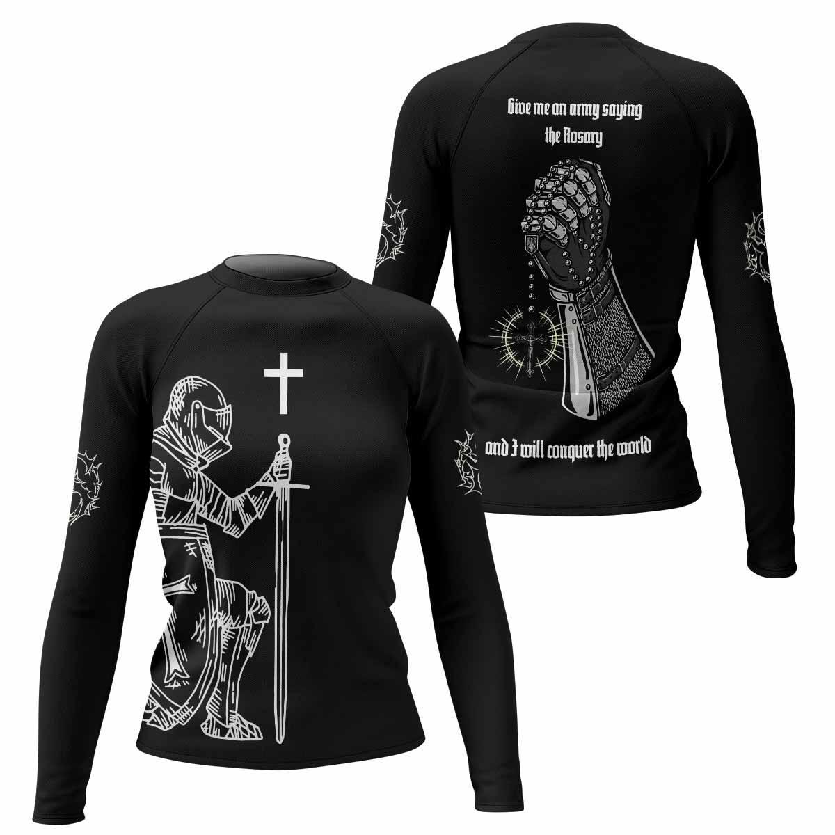 Give Me an Army Rosary Women's Rash Guard Long Sleeve - front and back view