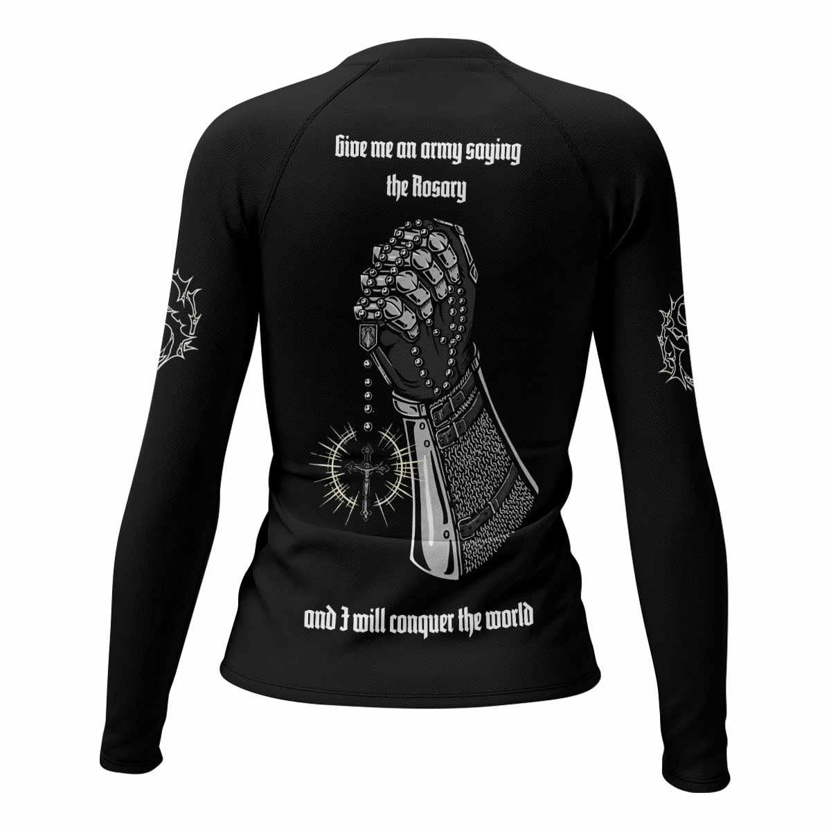 Give Me an Army Rosary Women's Rash Guard Long Sleeve - back view mockup