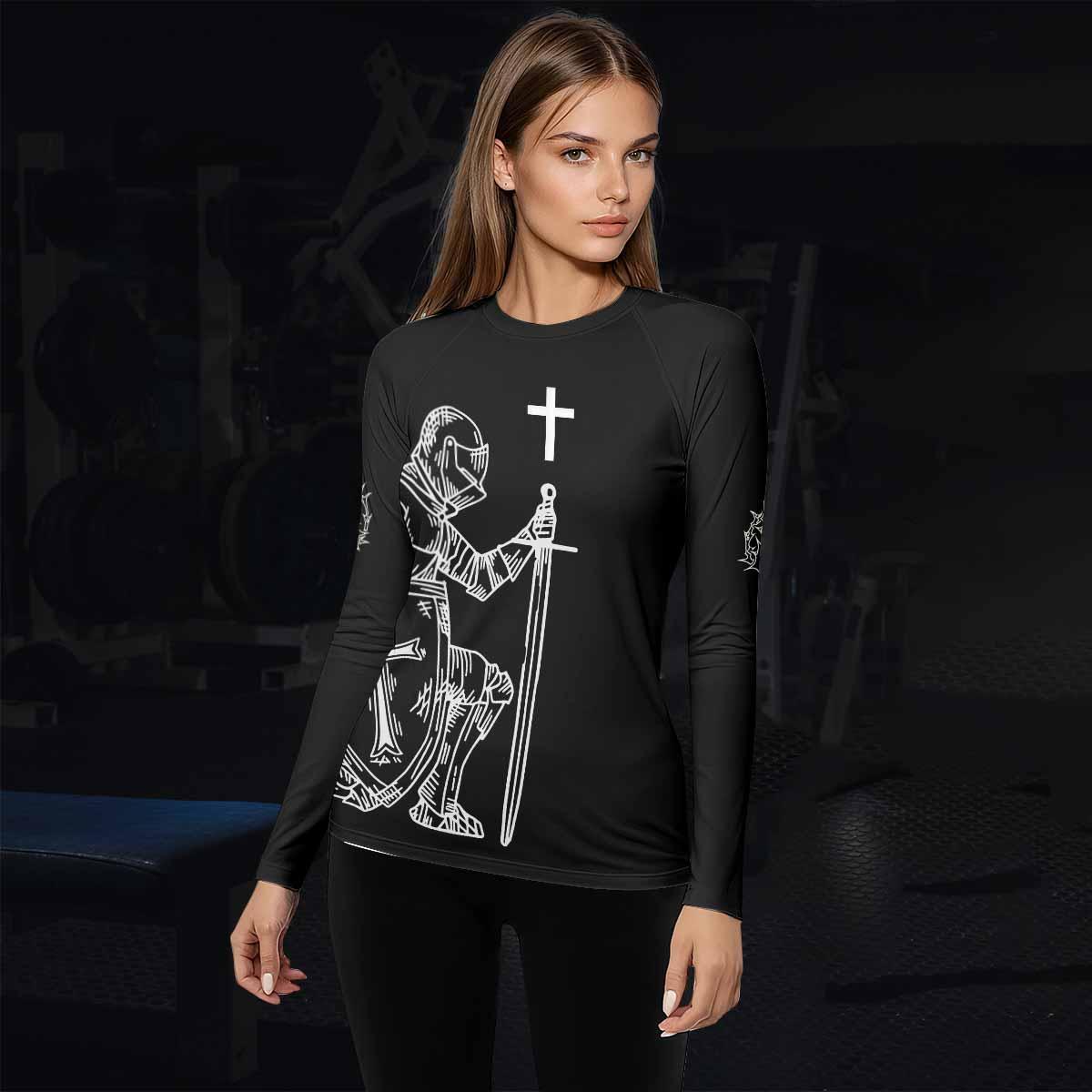 Give Me an Army Rosary Women's Rash Guard Long Sleeve - lifestyle view