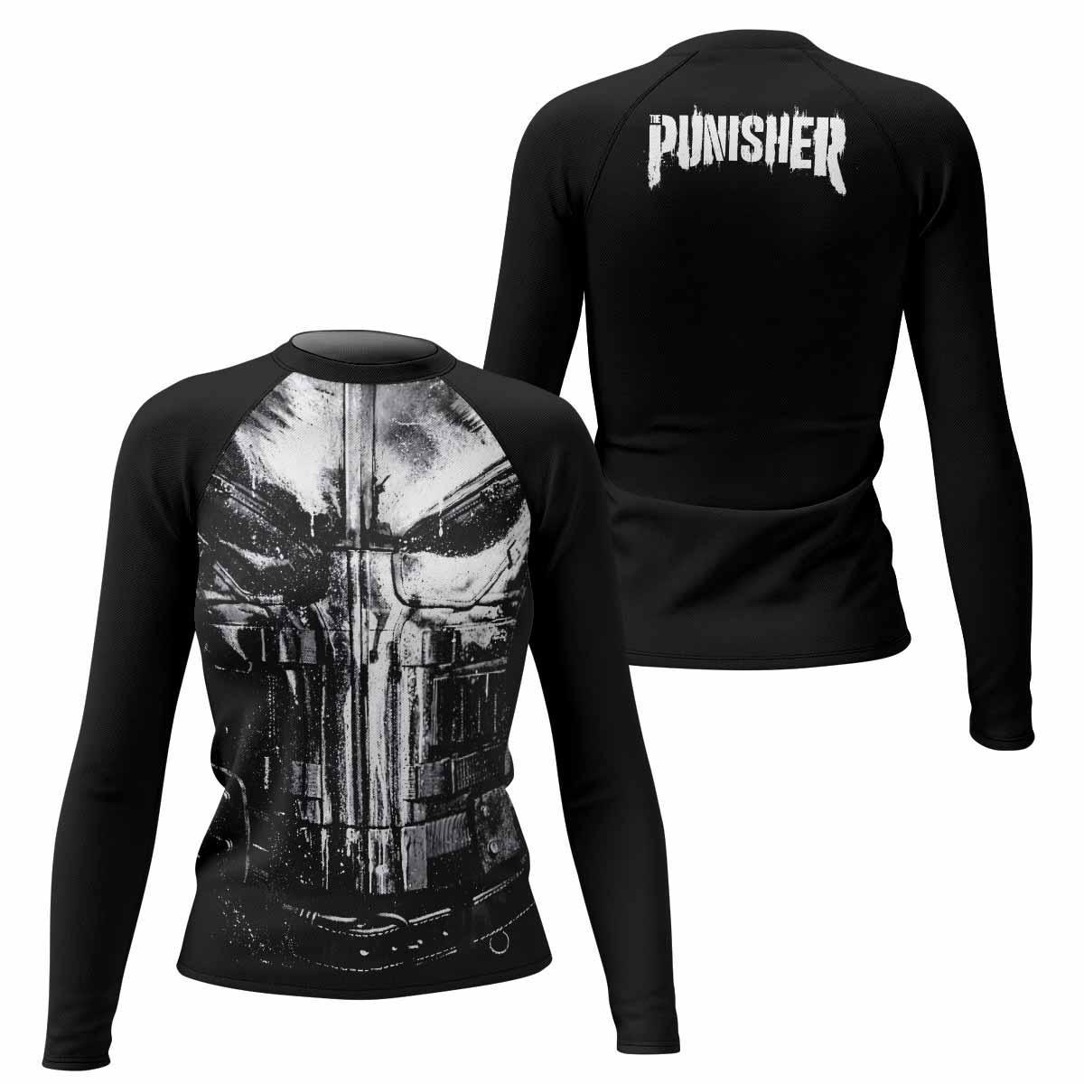 The Punisher War Mask Women's Rash Guard Long Sleeve - front and back view
