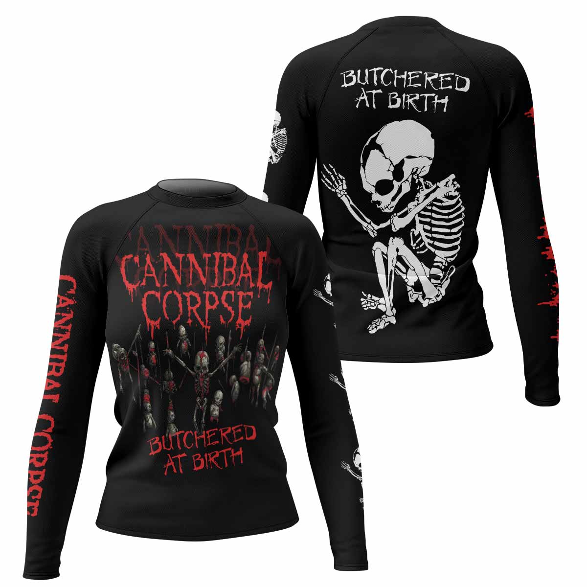 Cannibal Corpse Butchered at Birth Women's Rash Guard Long Sleeve - front and back view