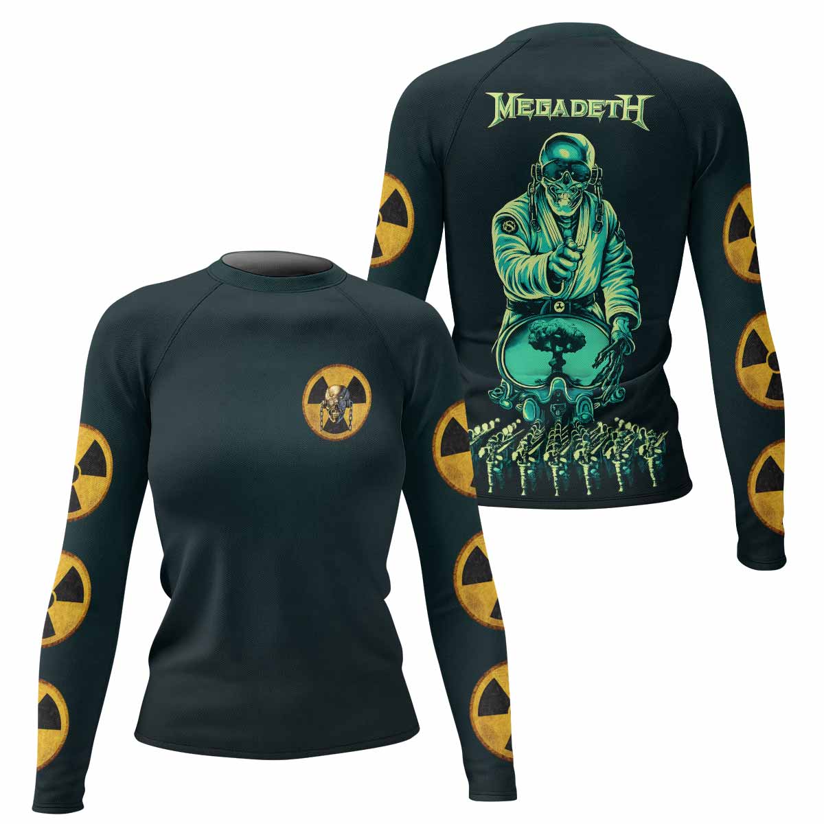 Megadeth Nuclear Skull Women's Rash Guard Long Sleeve - front and back view