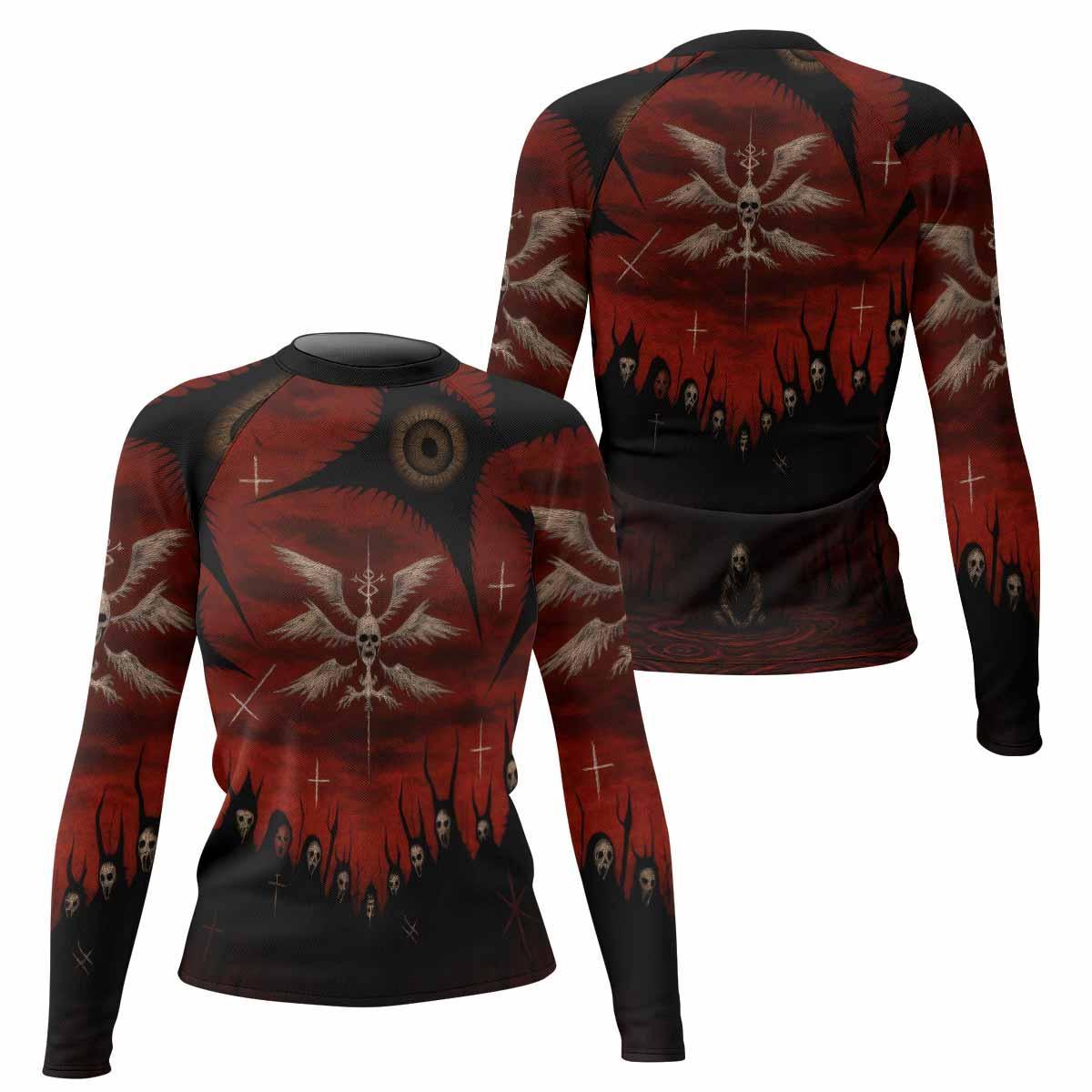 Occult Fallen Seraph Ritual Women's Rash Guard Long Sleeve - front and back view
