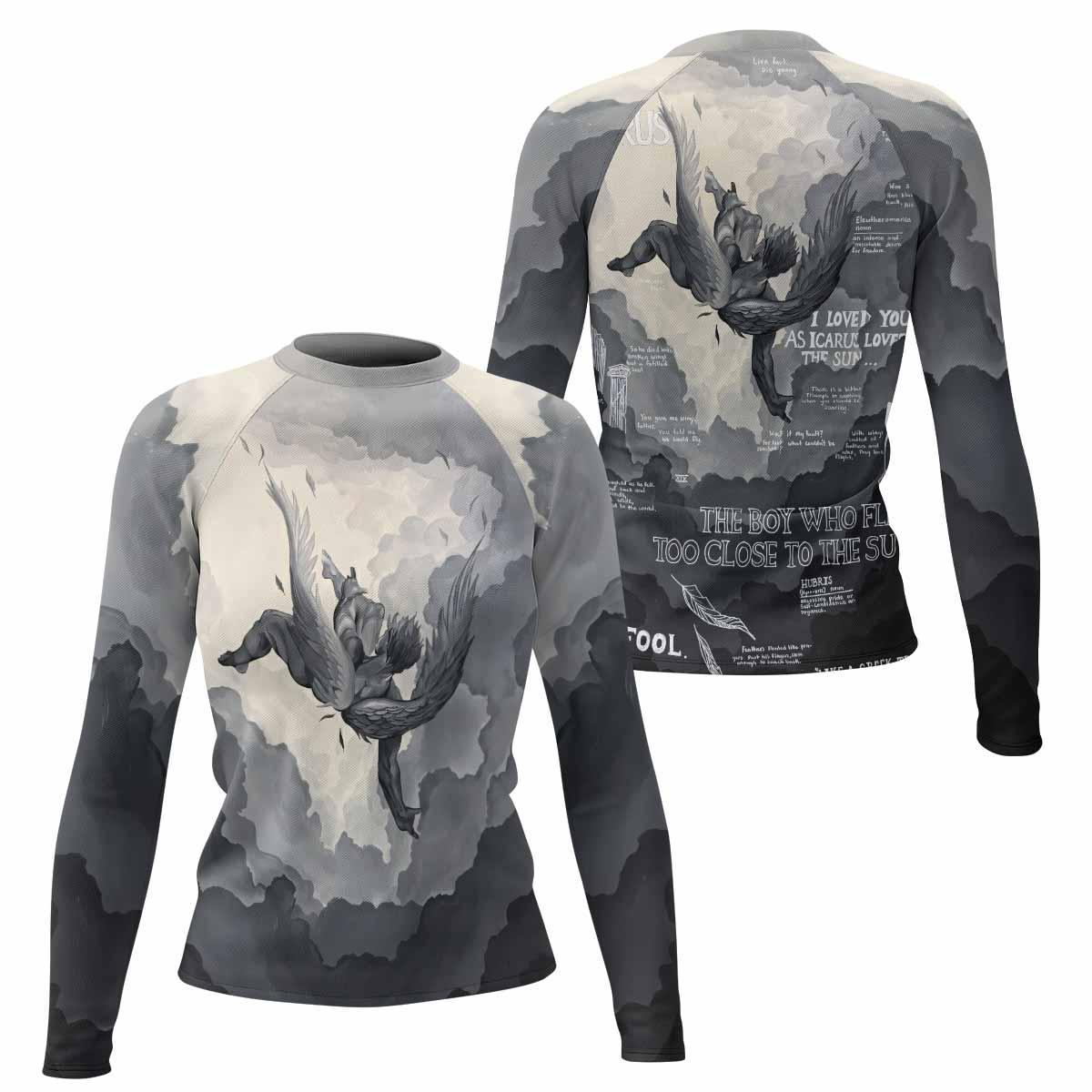 Icarus Too Close To The Sun Women's Rash Guard Long Sleeve - front and back view