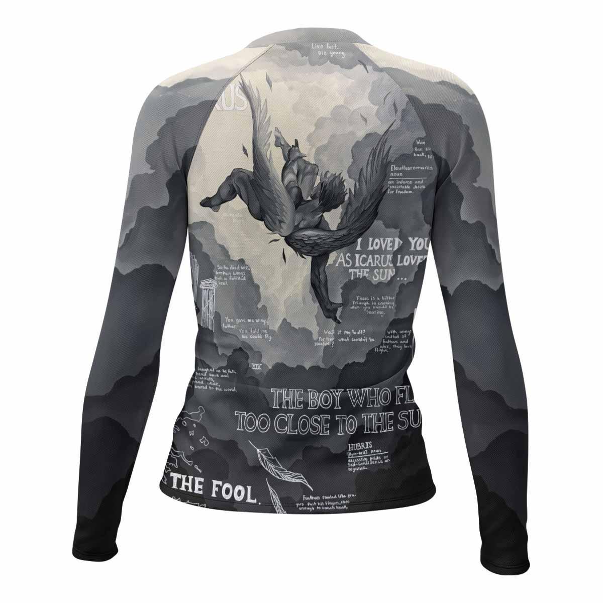 Icarus Too Close To The Sun Women's Rash Guard Long Sleeve - back view mockup