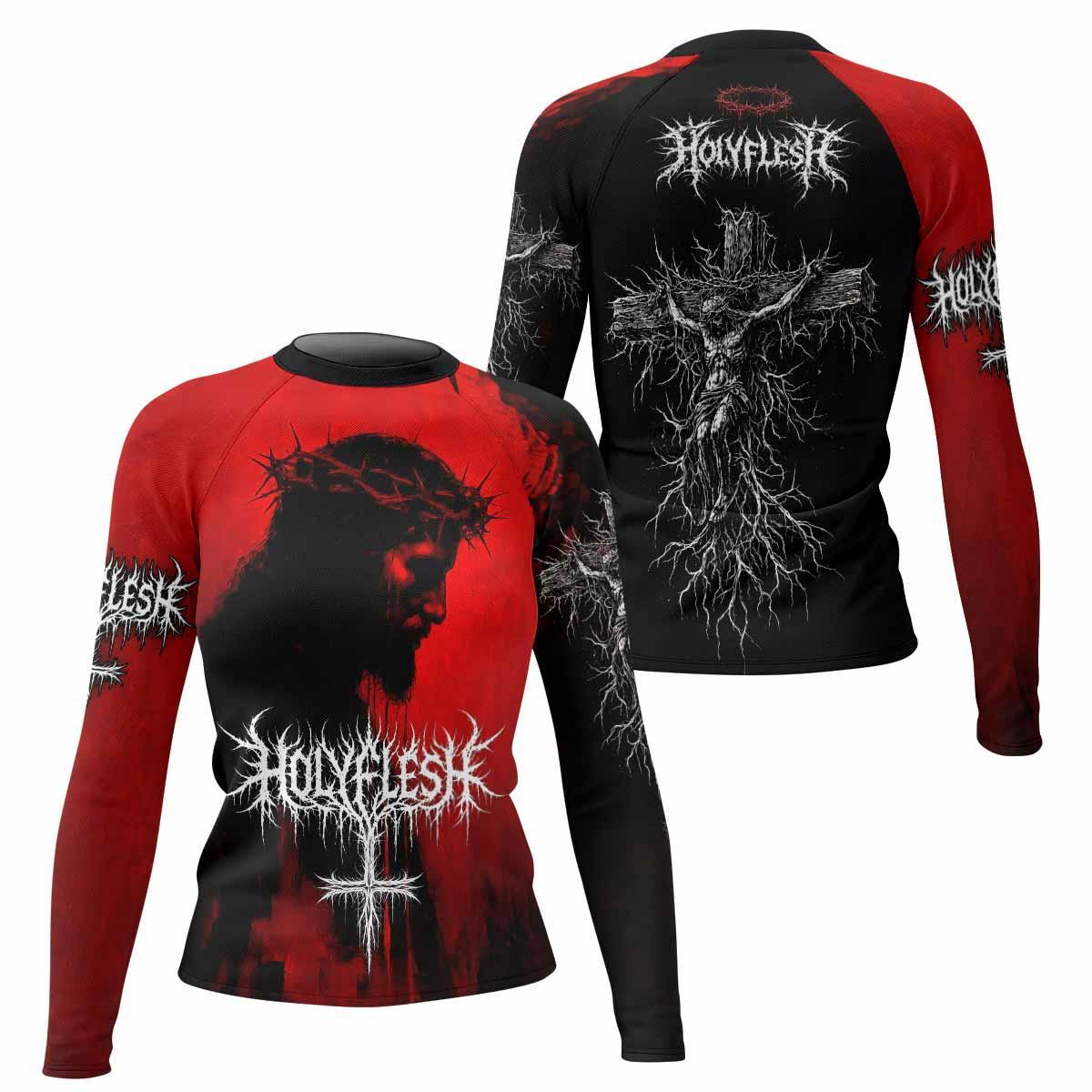 Holy Flesh Crown of Thorns Women's Rash Guard Long Sleeve - front and back view