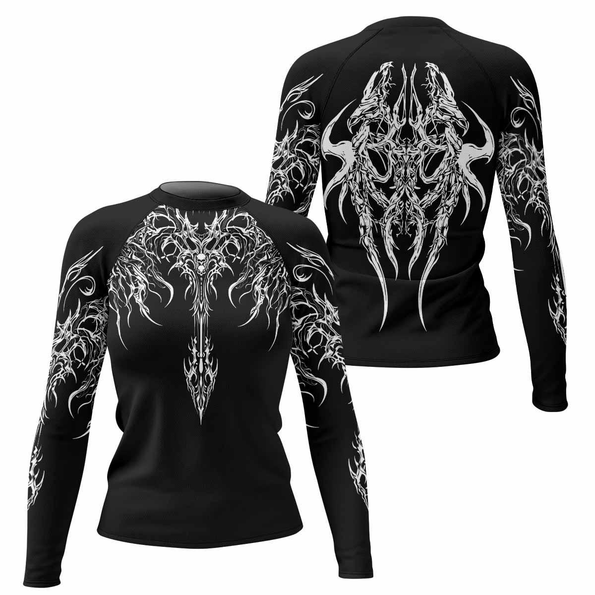 Gothic Bone Skull Women's Rash Guard Long Sleeve - front and back view